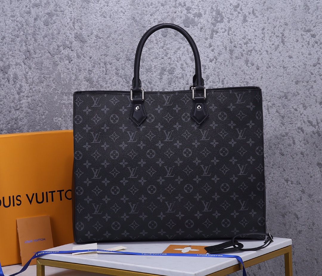 [TOP] Louis Vuitton LV Sac Plat Monogram Eclipse Tote Bag 34x42x14cm-Black