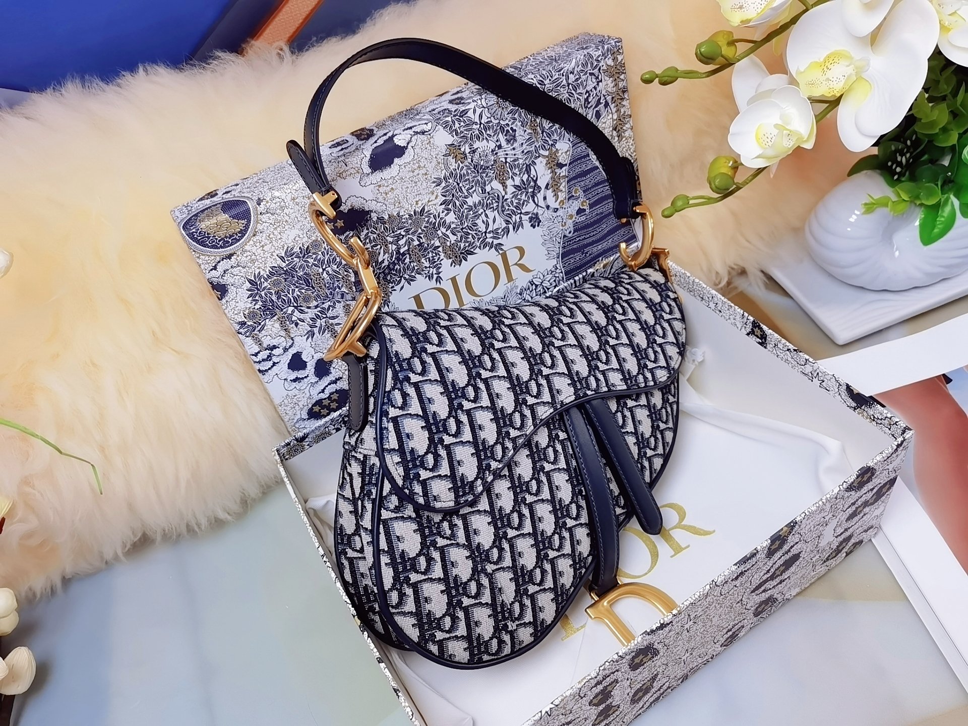 [TOP] Christian Dior Saddle Bag with Strap Jacquard 25.5 x 20 x 6.5cm - GHW
