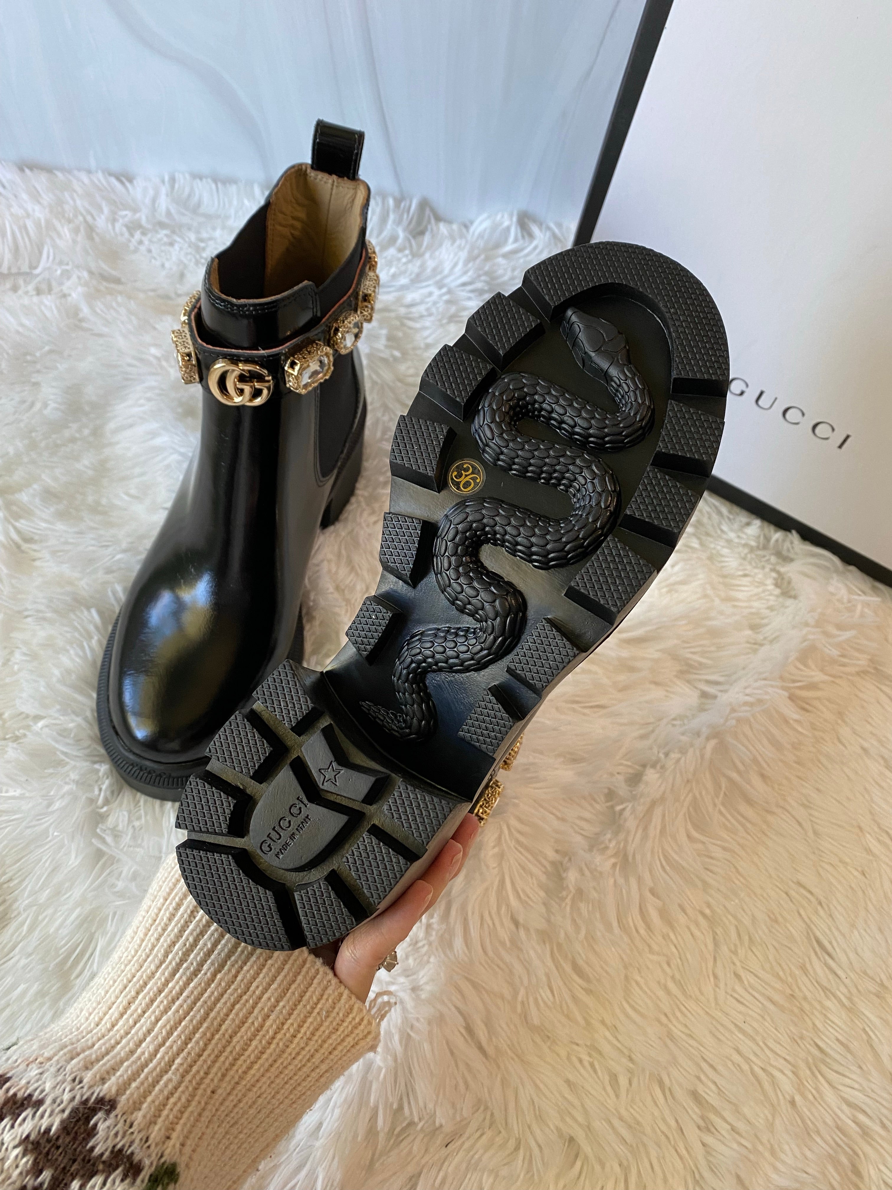 [TOP] GUCCI Ankle Gems Boots - Black