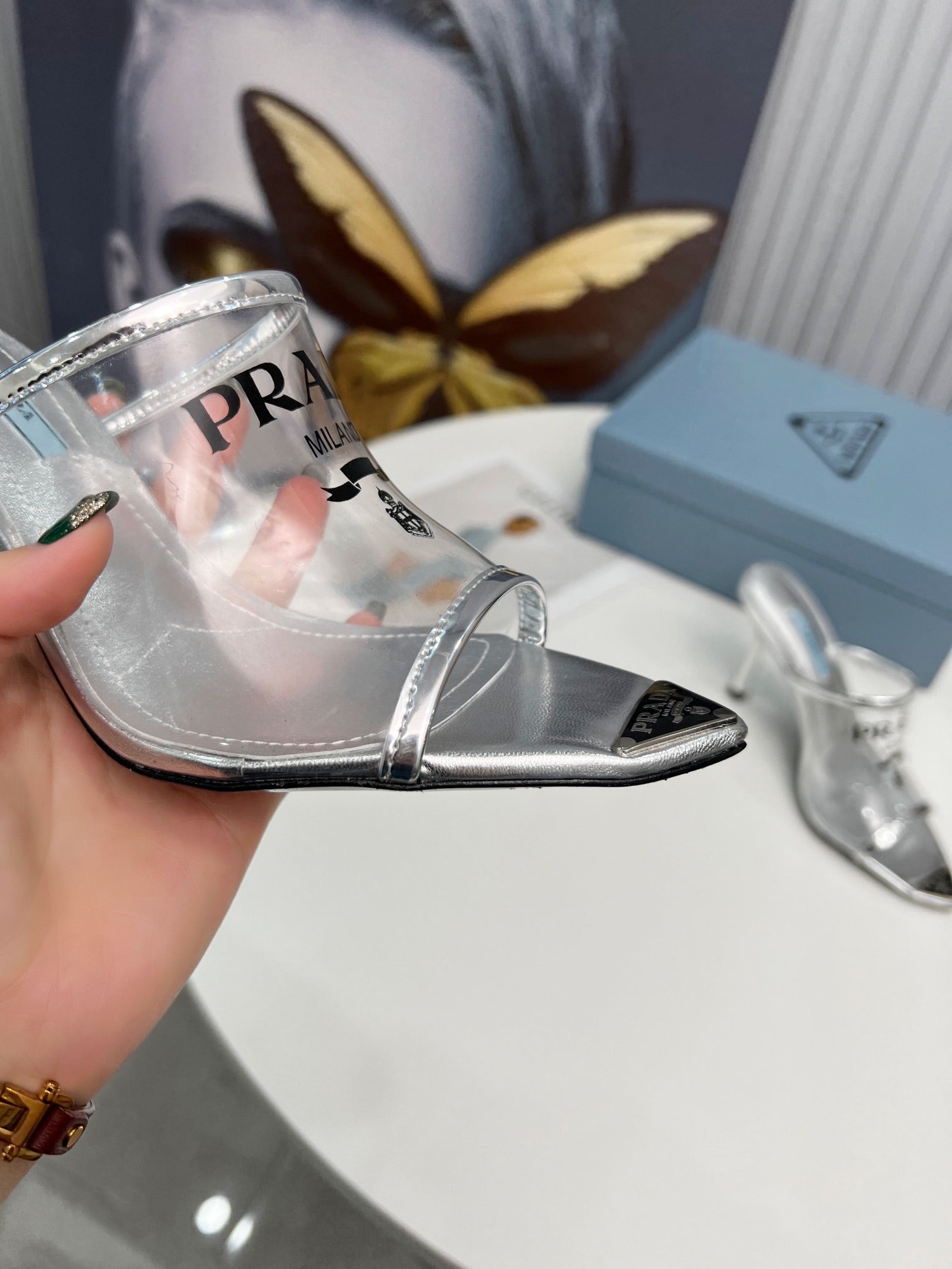 [TOP] PRADA Logo-print Plexiglas High-heel Slides - Silver