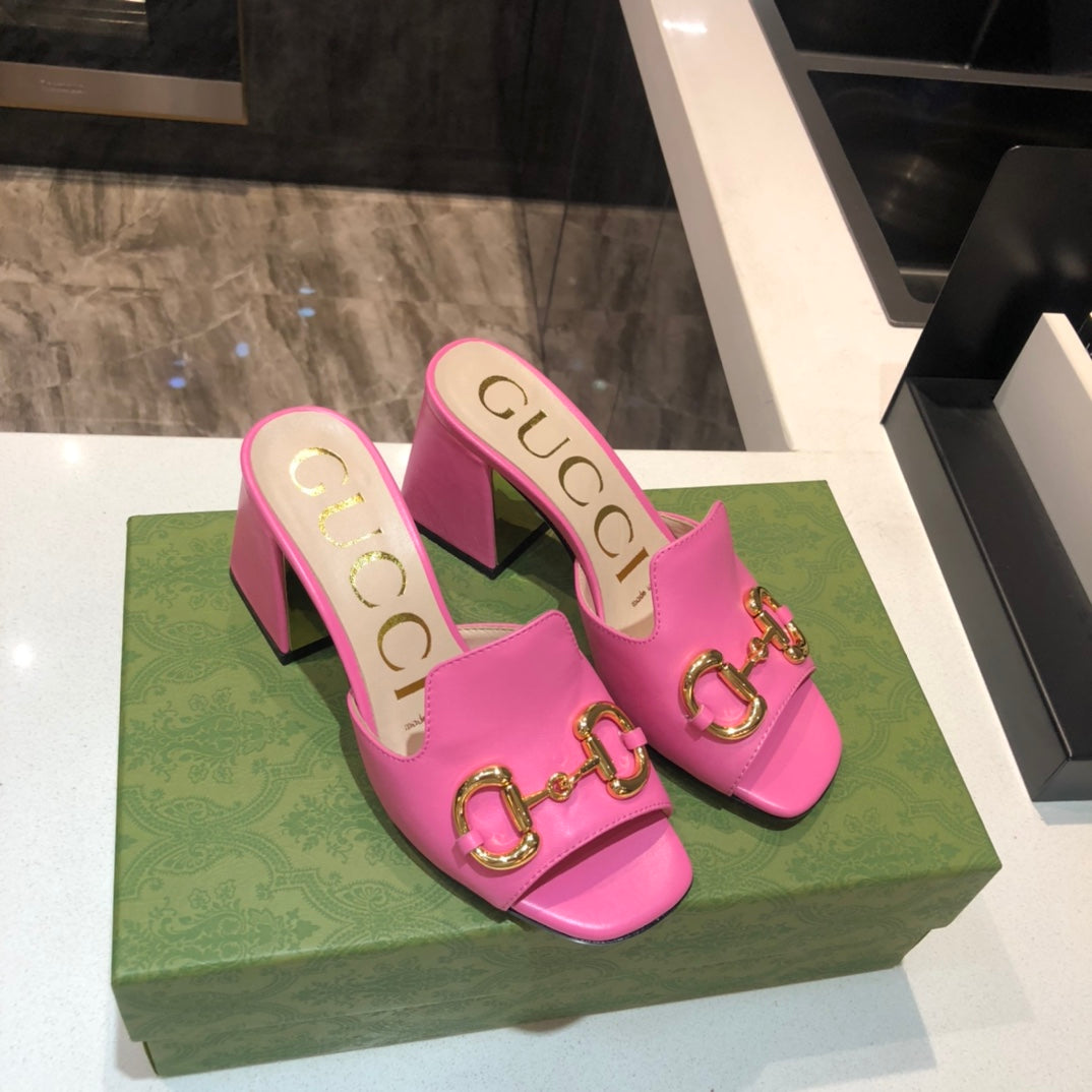 [TOP] GUCCI G*G Horsebit Slide Sandal Block Heels - Hot Pink