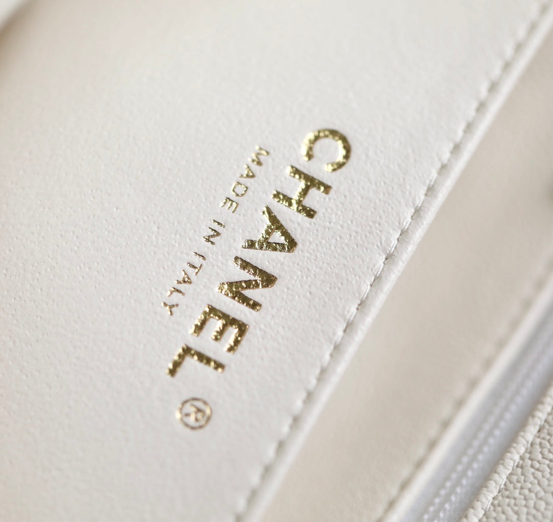 [TOP] CHANEL Classic Flap Bag Caviar Top Handle Mini 20CM - White & GHW