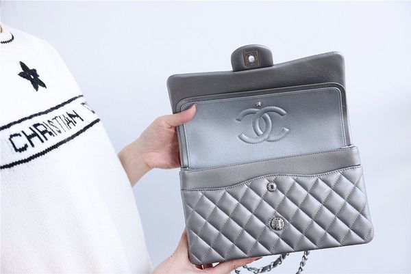 [TOP] CHANEL Classic Flap Bag Lambskin Medium 25.5cm – Grey & SHW