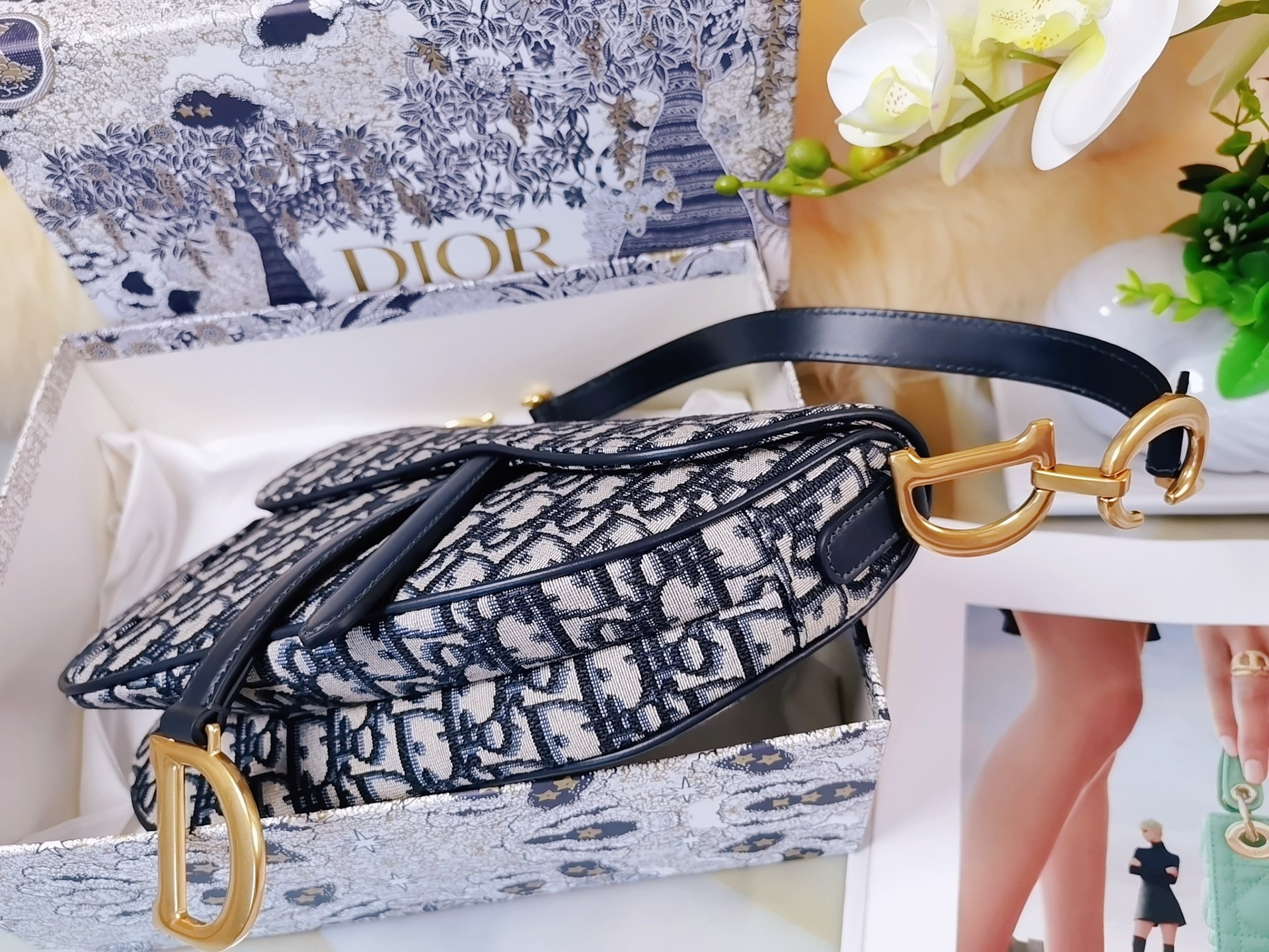 [TOP] Christian Dior Saddle Bag with Strap Jacquard 25.5 x 20 x 6.5cm - GHW
