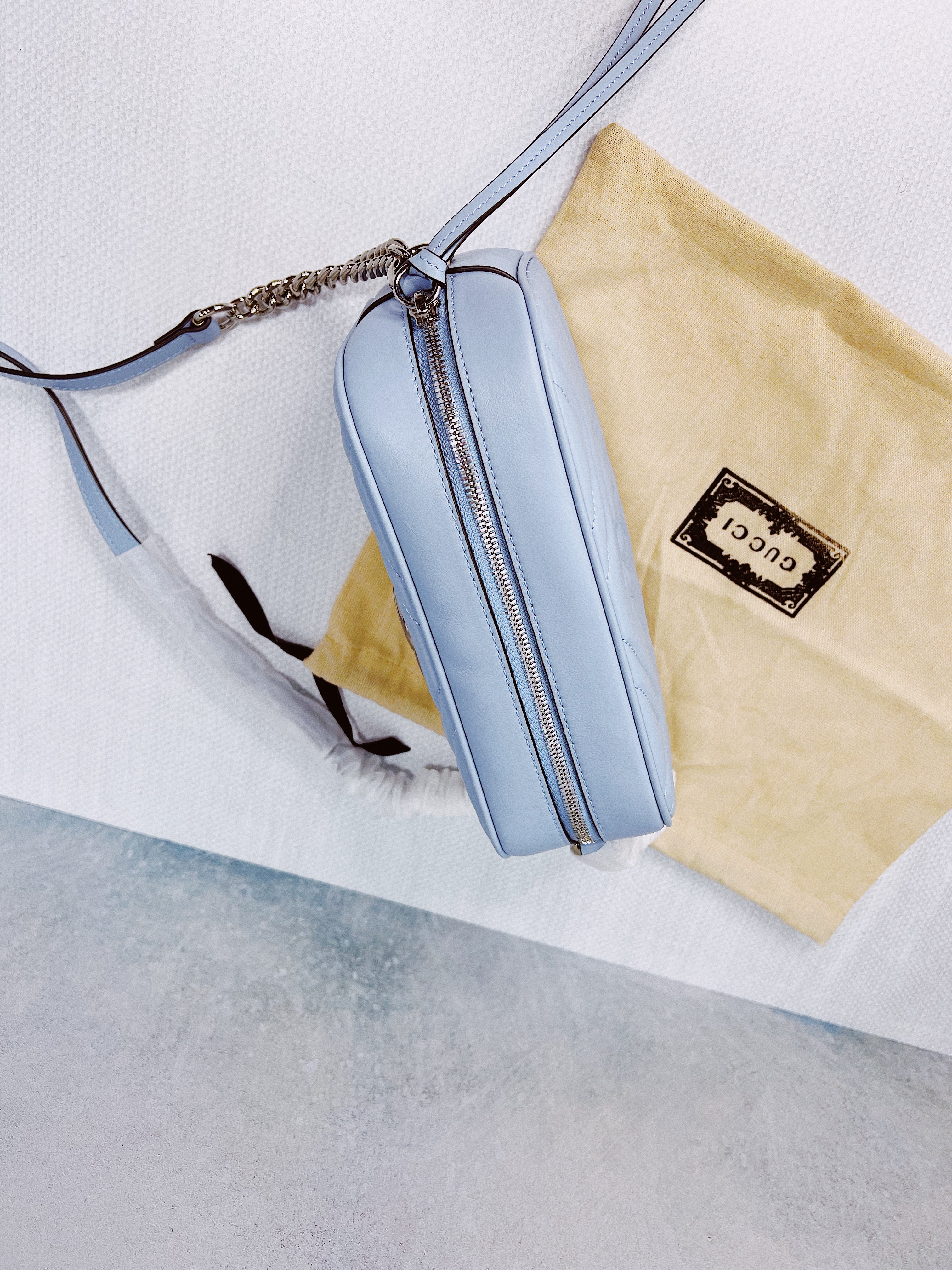 [TOP] GUCCI GG Marmont Bag Matelasse Small - Light Blue & SHW