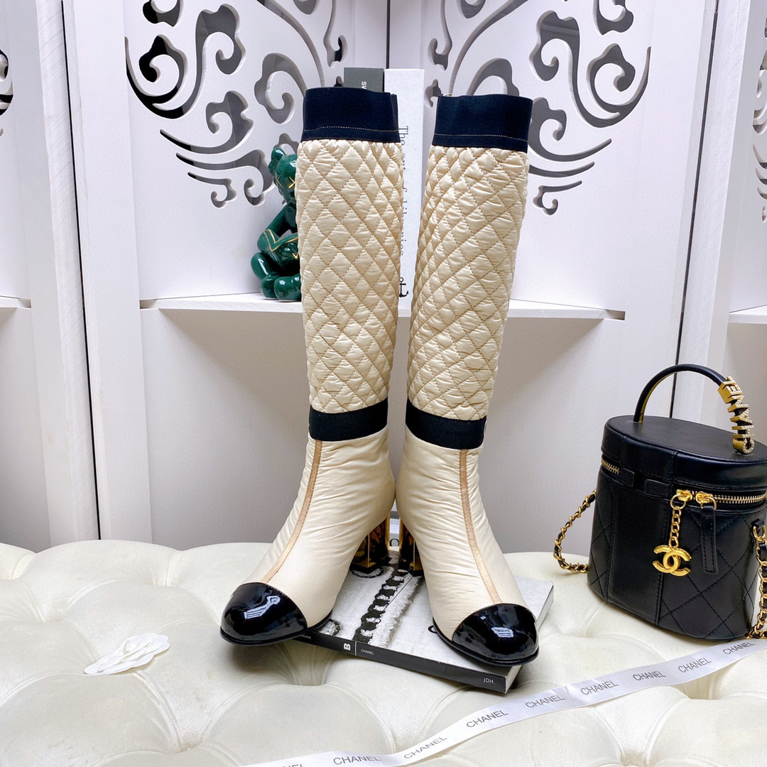 [TOP] CHANEL Lambskin Boots 5cm Heels - white/Black/Beige