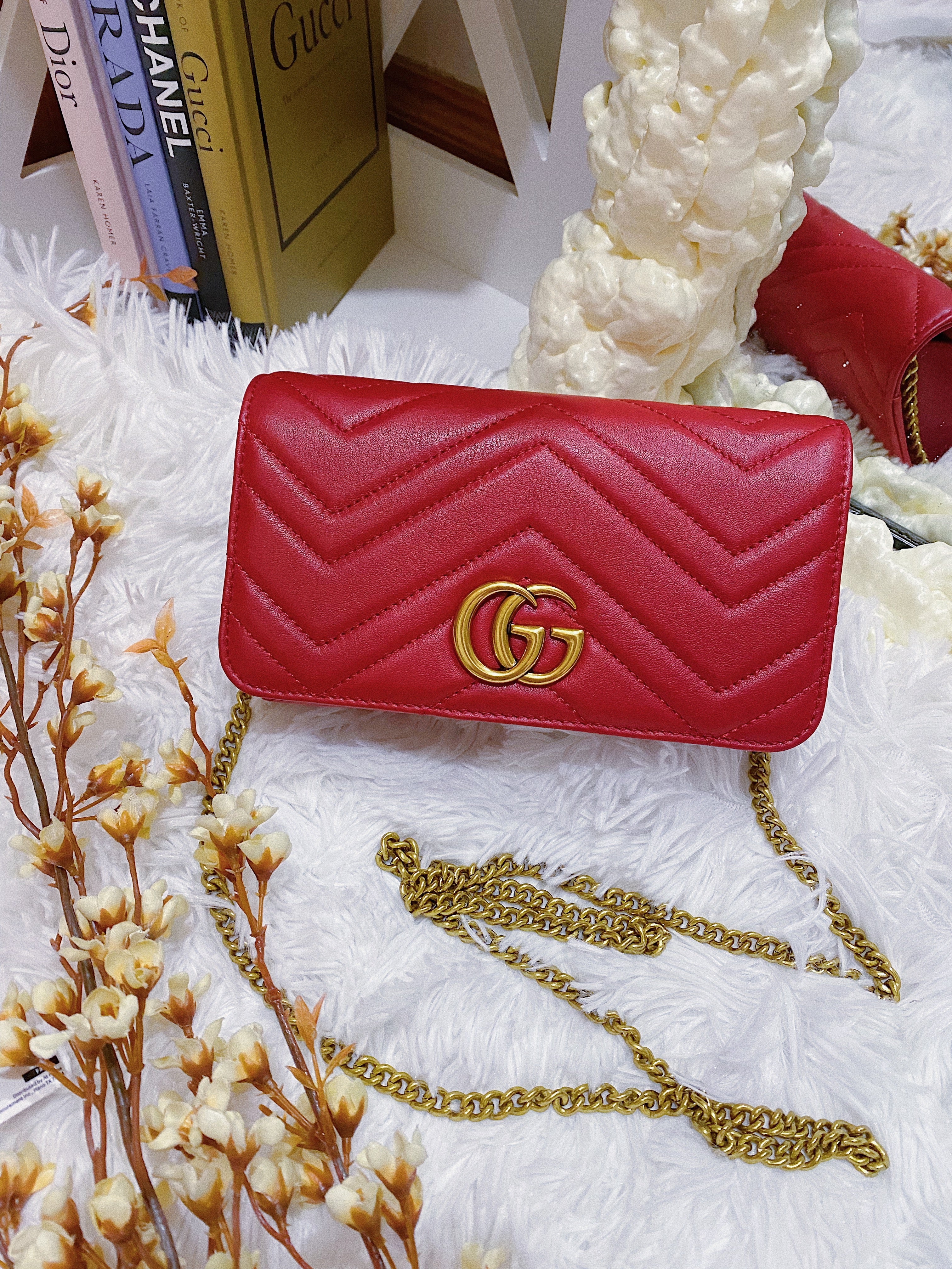 [TOP] GUCCI Marmont Shoulder Clutch- Red