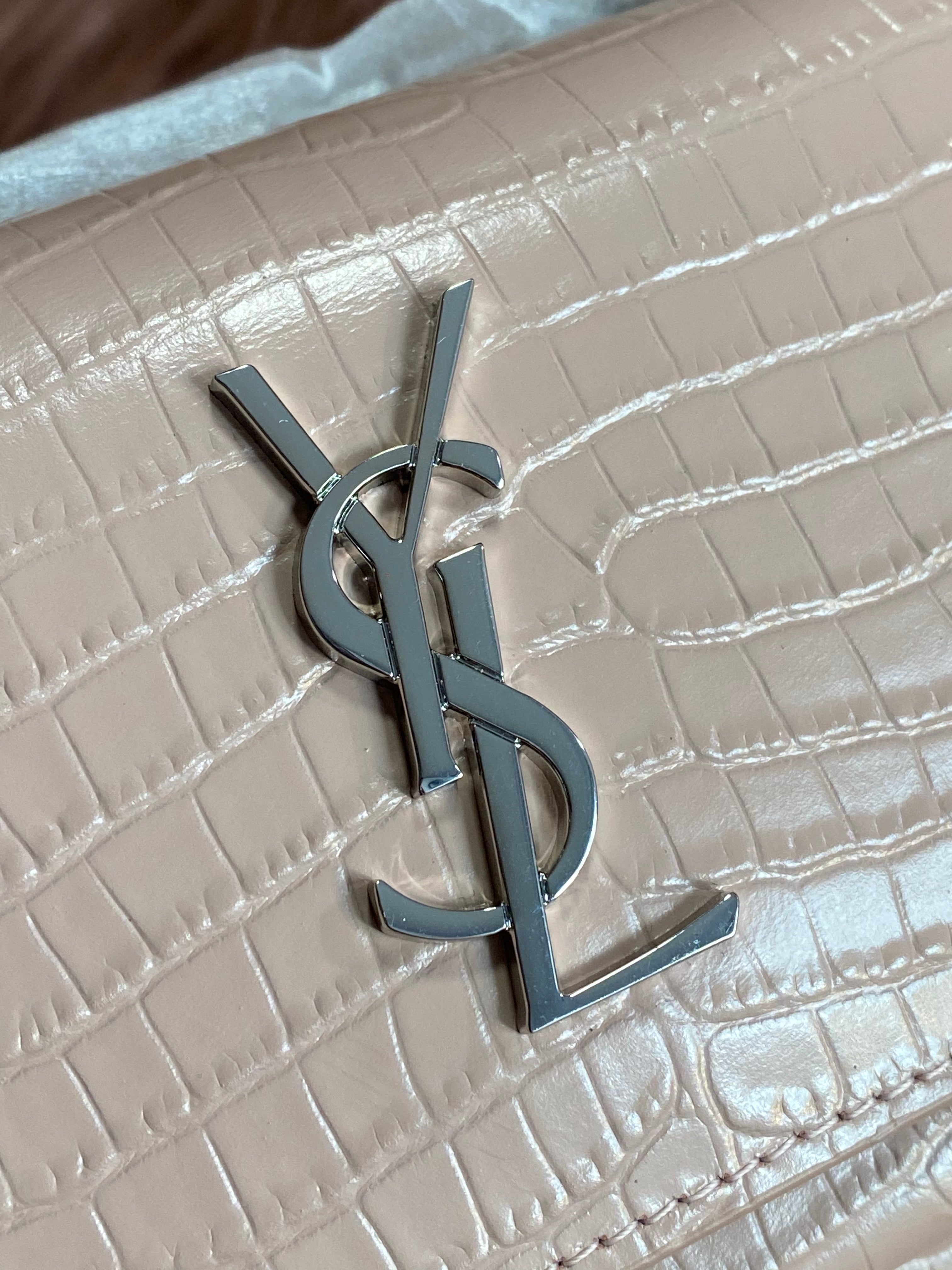 [TOP] Yves Saint Laurent YSL Pink Mini Monogram Sunset Croc Embossed Leather Shoulder Bag