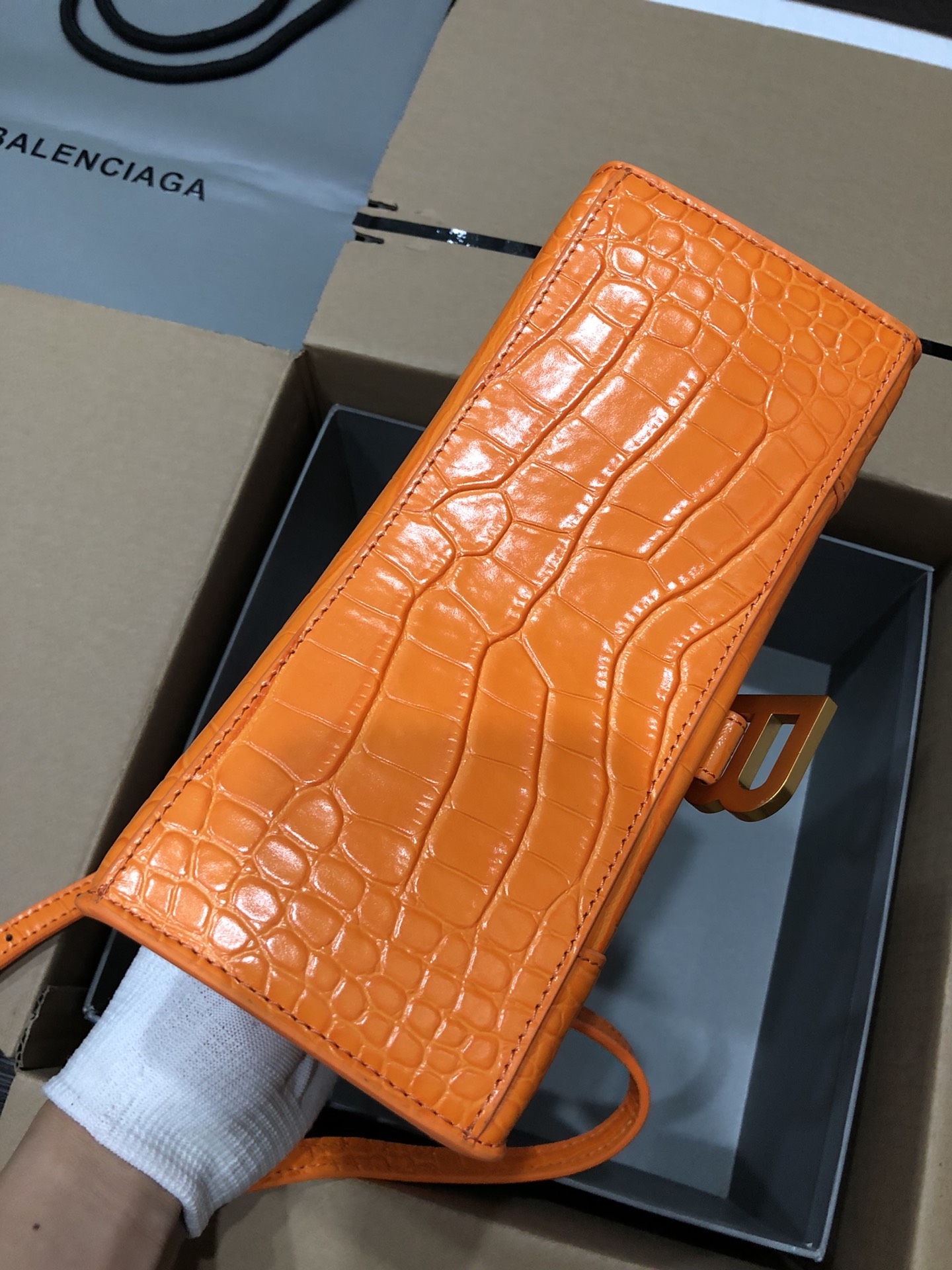 [TOP] BALENCIAGA Crocodile-Print Hourglass Bag 19/23cm - Orange