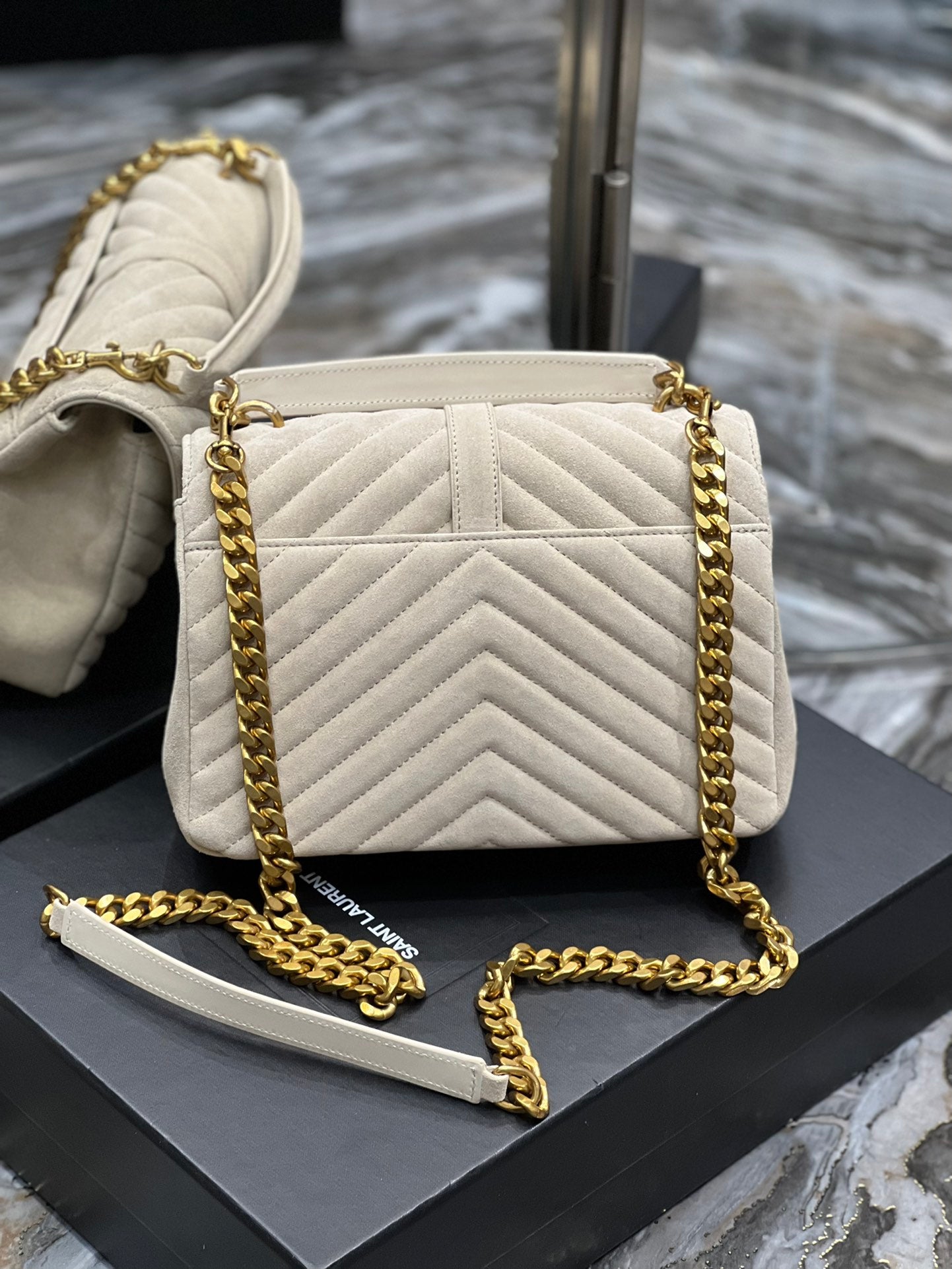 [TOP] Yves Saint Laurent YSL Small College Suede Handbag - White