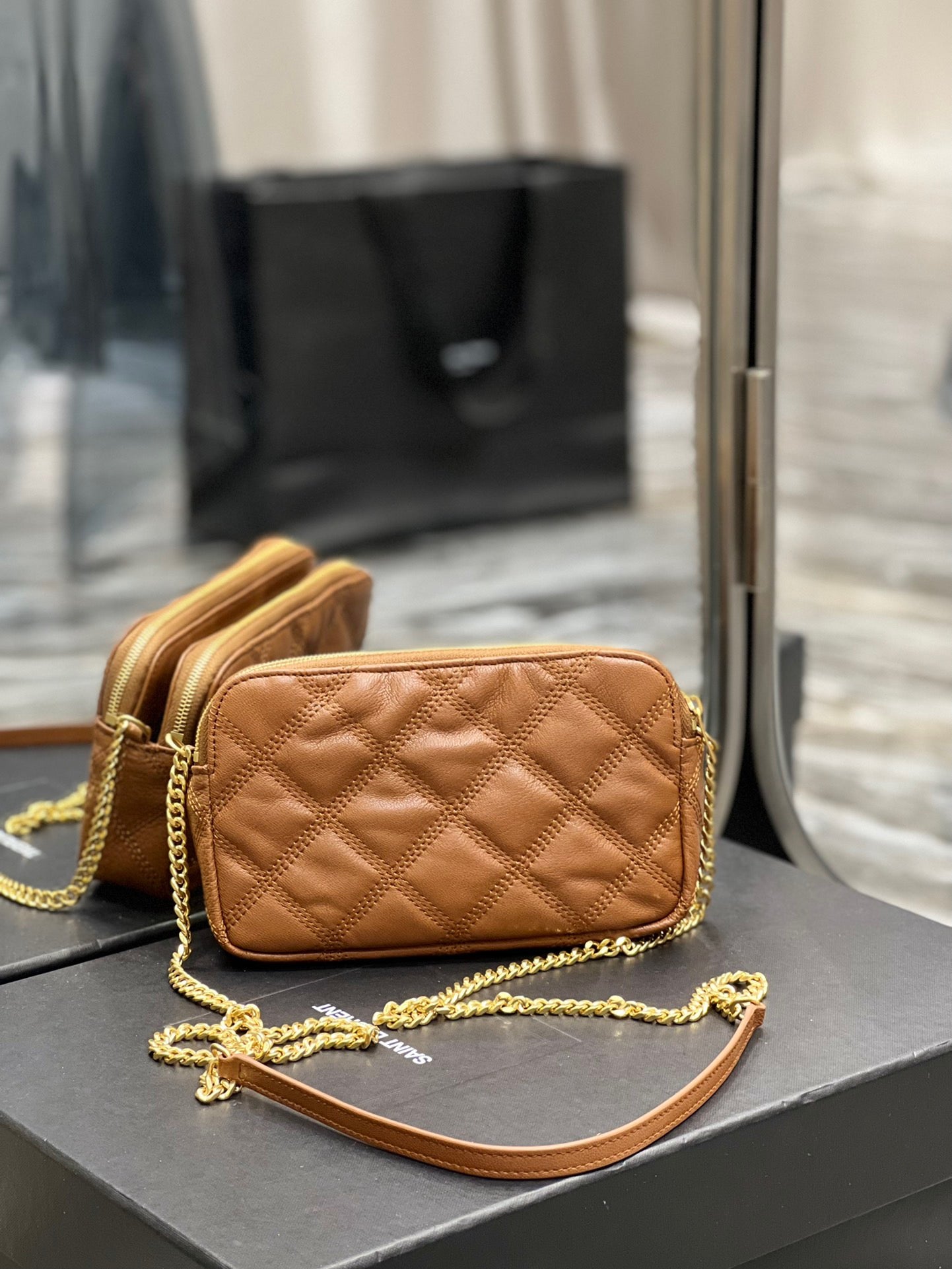 [TOP] Yves Saint Laurent YSL Beckly Double Zip Pouch Bag - Brown