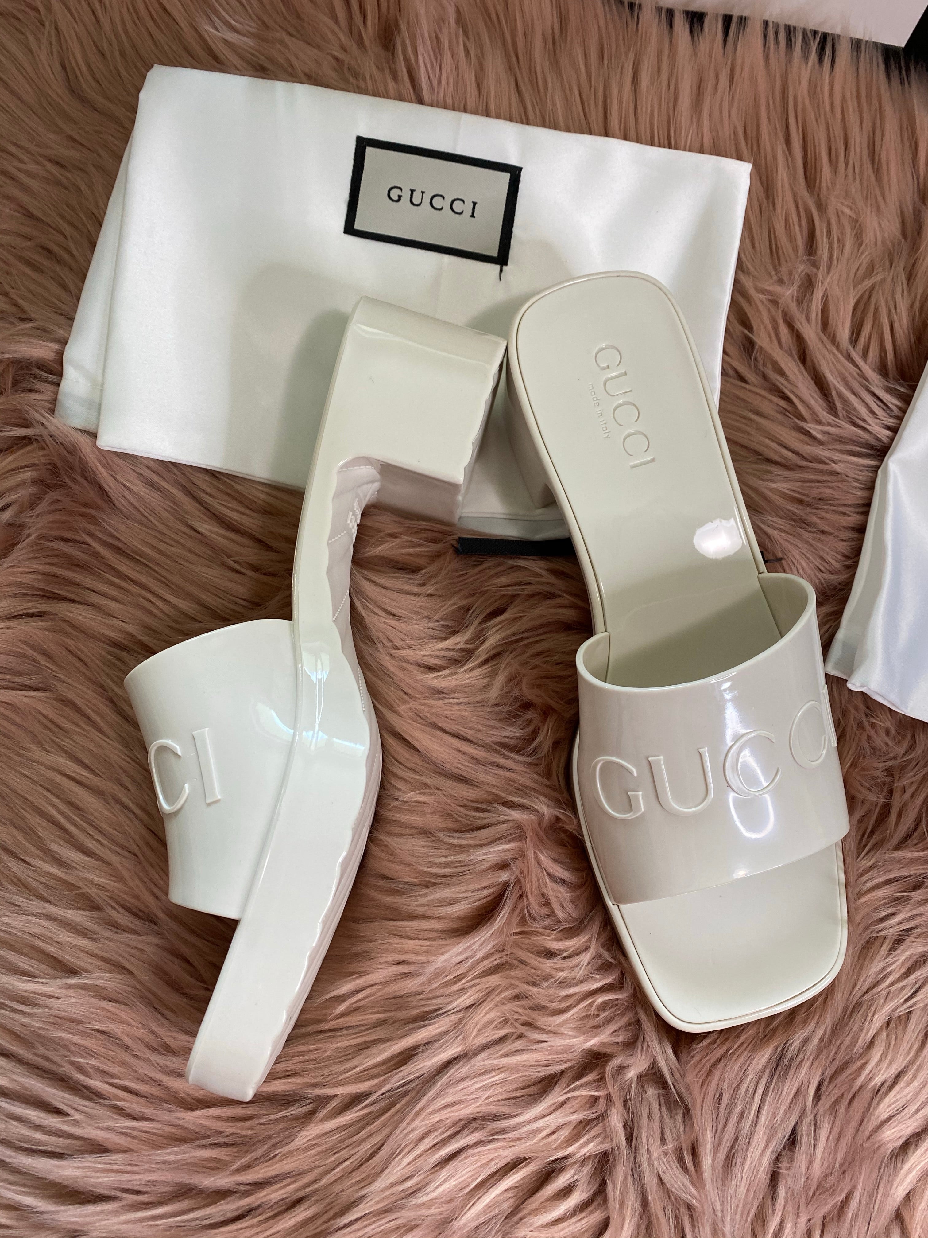 [TOP] GUCCI GG Logo Embossed Rubber Mules - White