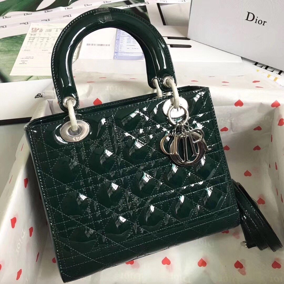 [TOP] Christian Dior Lady Christian Dior Bag Patent Cannage Medium - Dark Green SHW