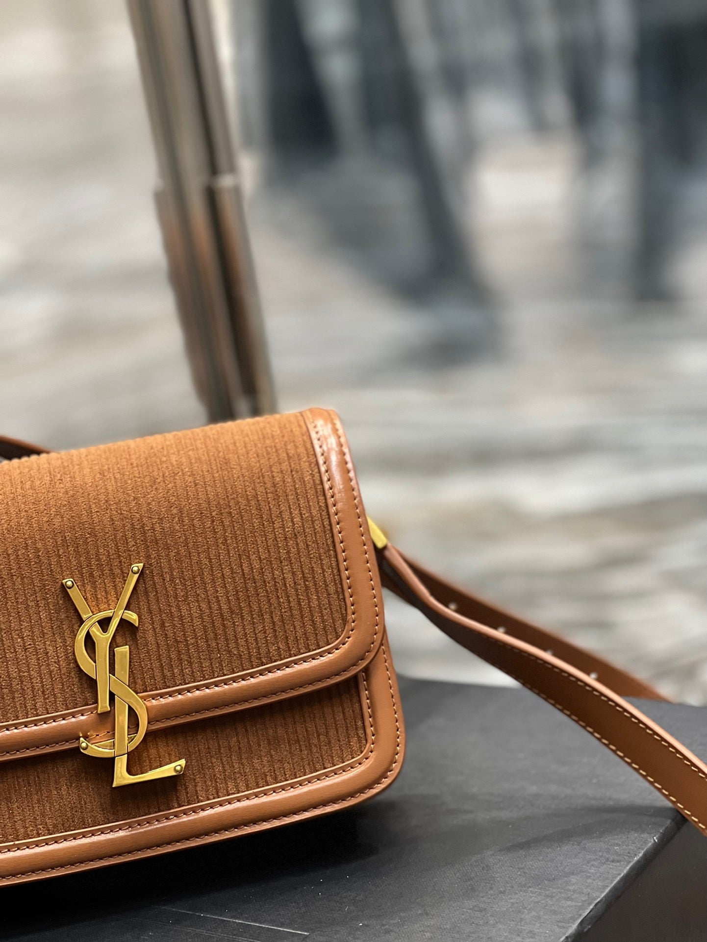 [TOP] Yves Saint Laurent YSL Solferino Corduroy Small Bag - Brown