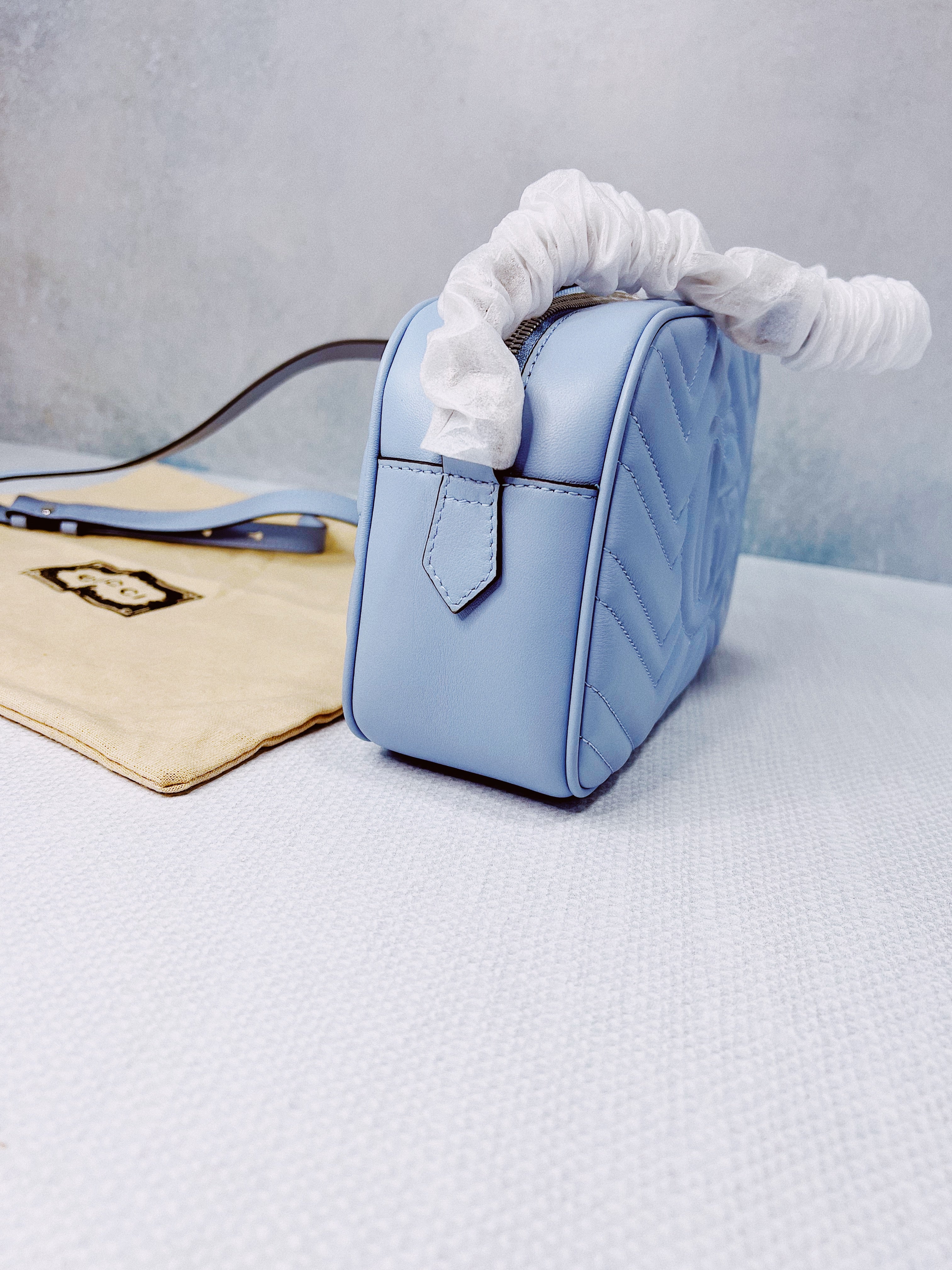 [TOP] GUCCI GG Marmont Bag Matelasse Small - Light Blue & SHW