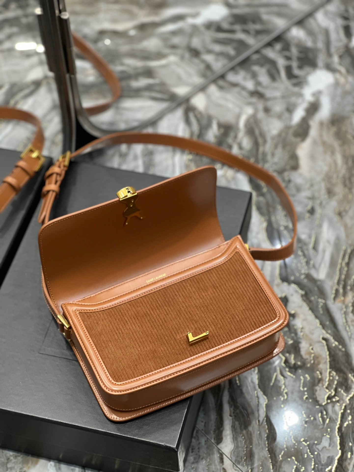 [TOP] Yves Saint Laurent YSL Solferino Corduroy Medium Bag - Brown