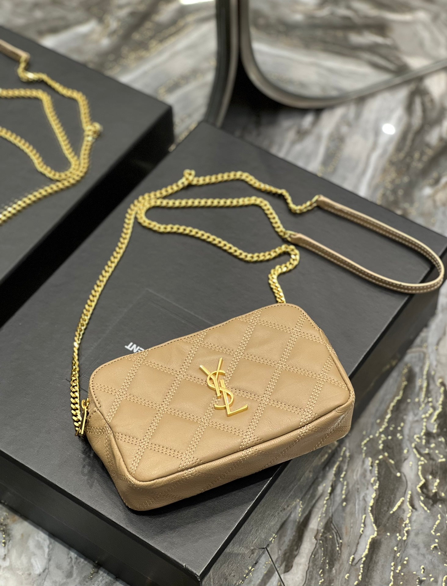 [TOP] Yves Saint Laurent YSL Beckly Double Zip Pouch Bag - Beige GHW