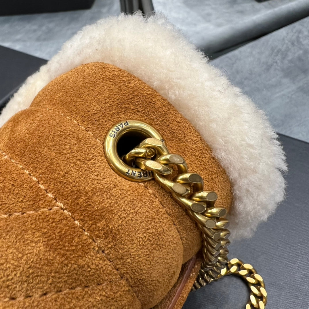 [TOP] Yves Saint Laurent YSL Envelope Small Suede Shearling Bag - Brown