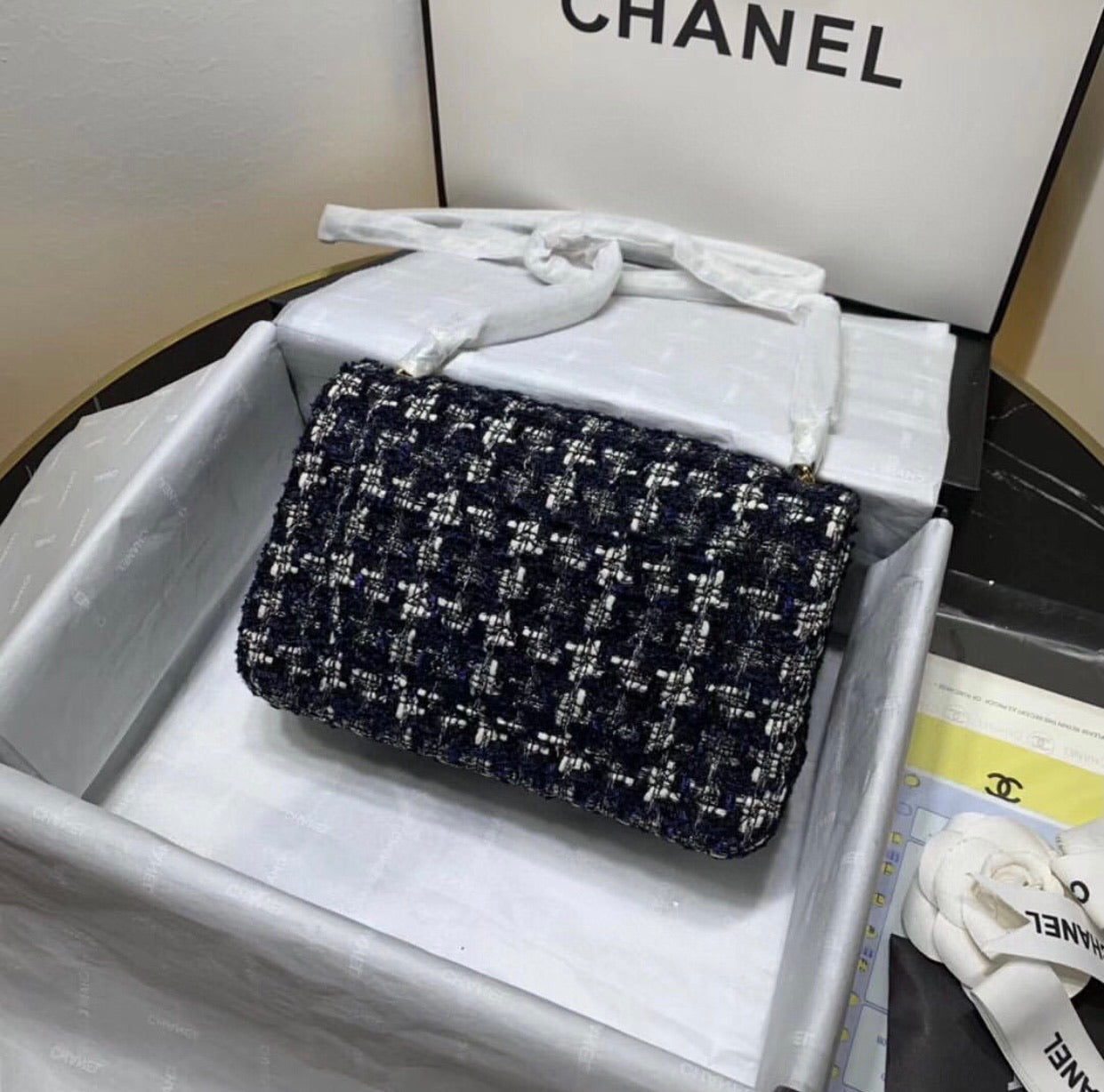 [TOP] CHANEL Classic Flab Bag Tweed Mini 20cm - Black & GHW