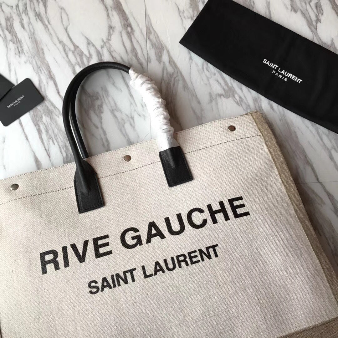 [TOP] Yves Saint Laurent YSL Rive Gauche Canvas Tote Bag - Tan