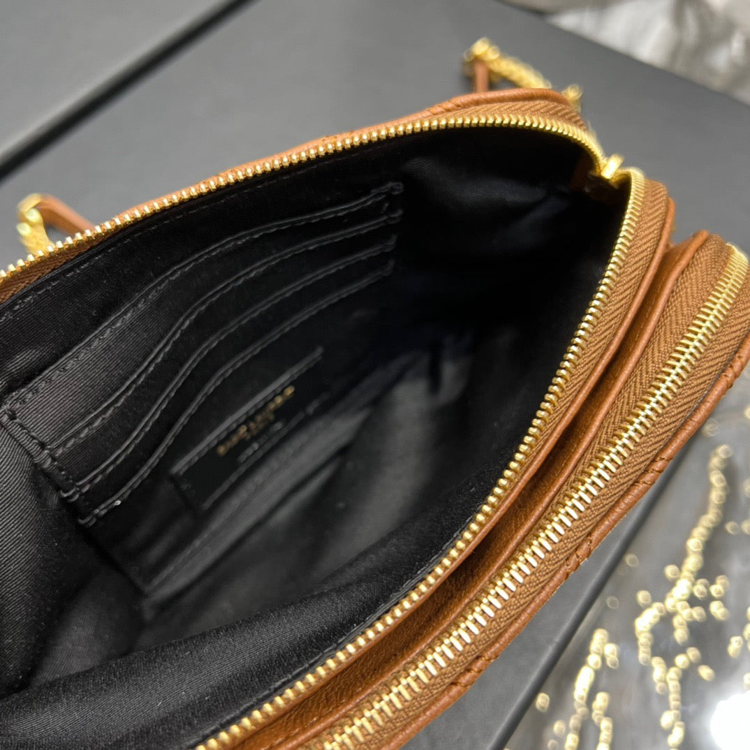 [TOP] Yves Saint Laurent YSL Beckly Double Zip Pouch Bag - Brown