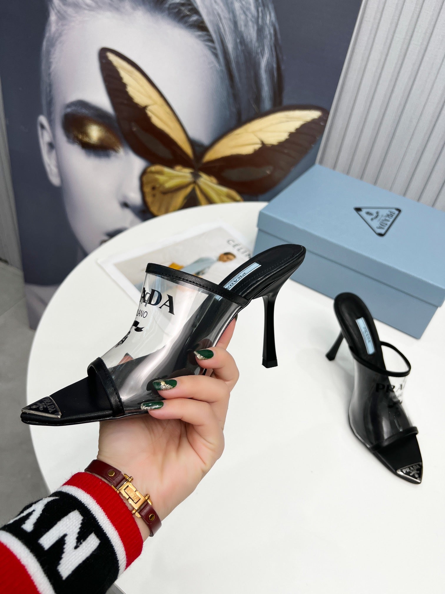 [TOP] PRADA Logo-print Plexiglas High-heel Slides - Black