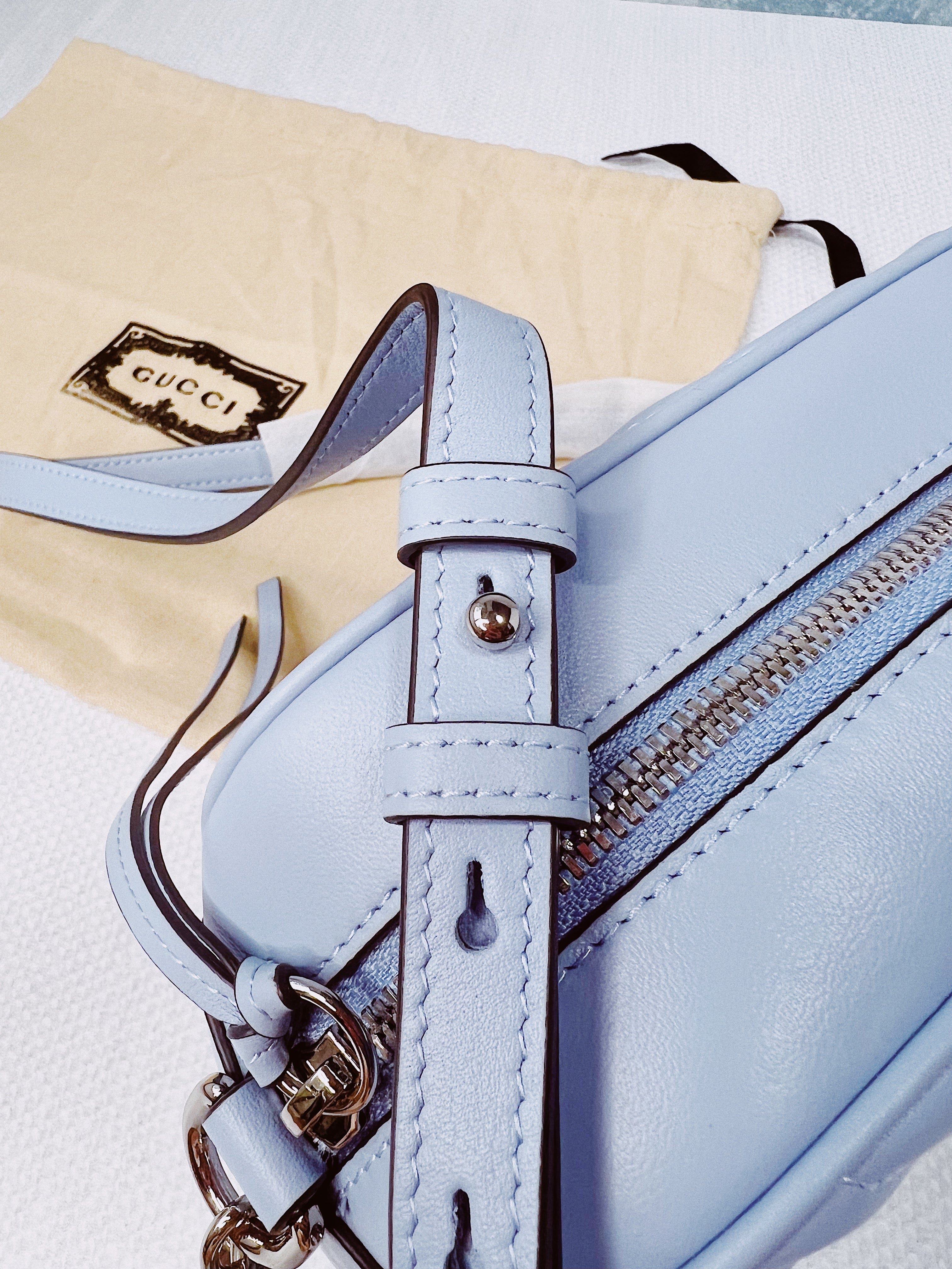[TOP] GUCCI GG Marmont Bag Matelasse Small - Light Blue & SHW