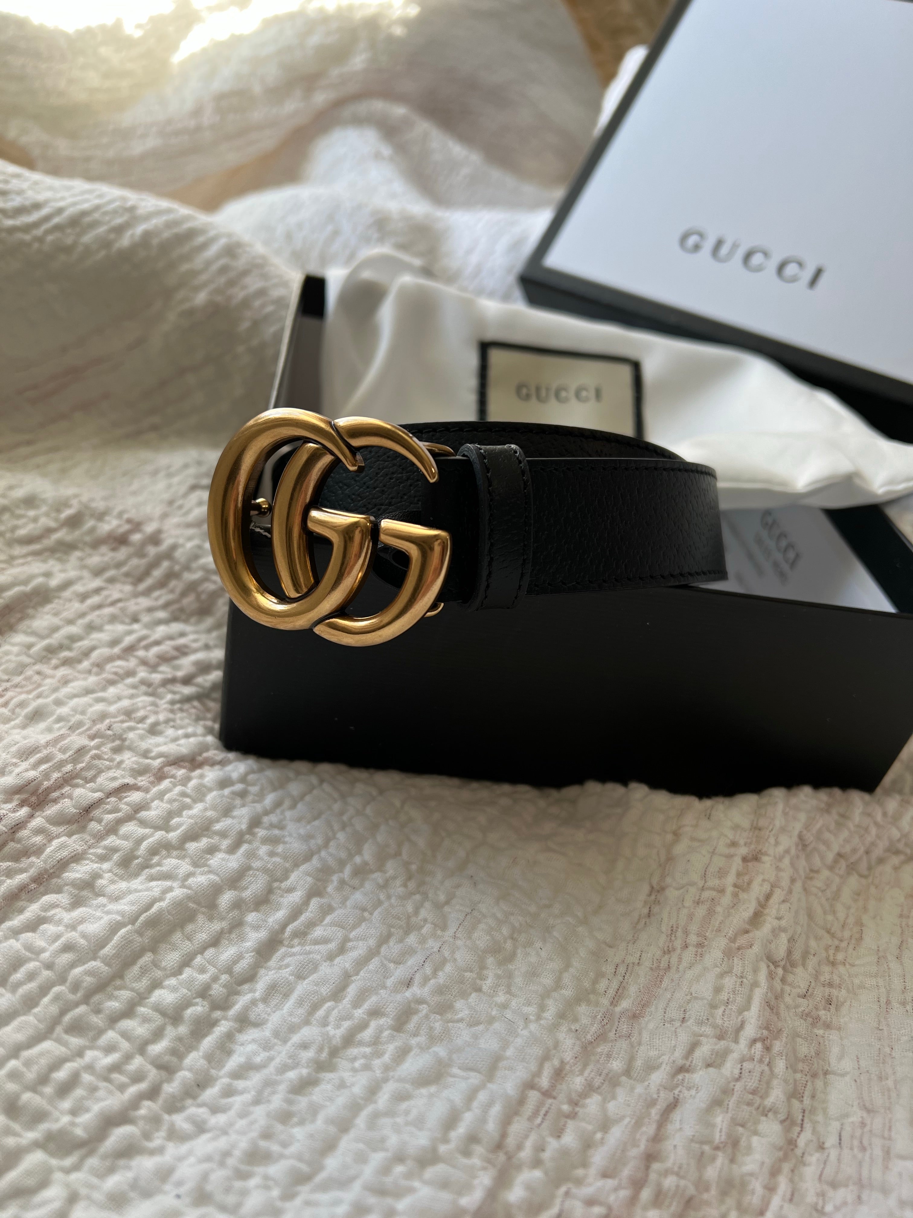 [TOP] GUCCI GG Marmont Texture Leather Belt 3CM Width - Black