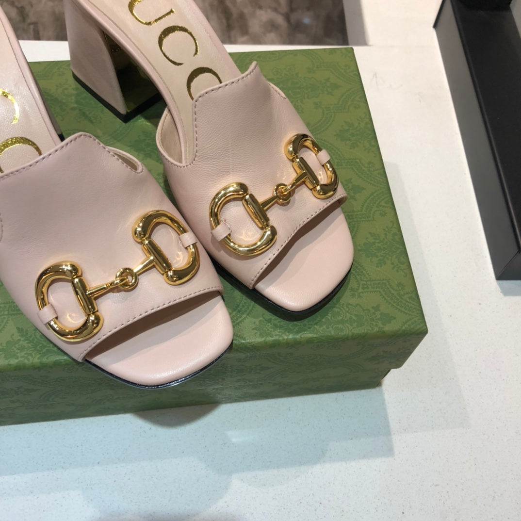 [TOP] GUCCI G*G Horsebit Slide Sandal Block Heels - Light Pink