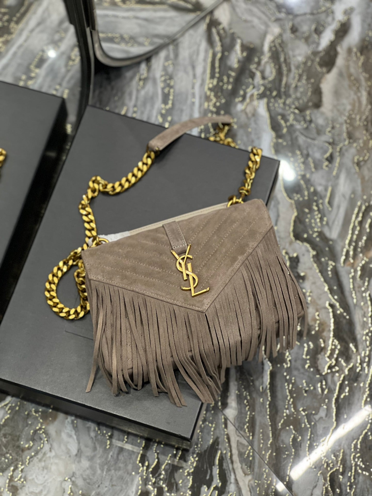 [TOP] Yves Saint Laurent YSL College Fringe Suede Small Bag - Dusty Grey GHW