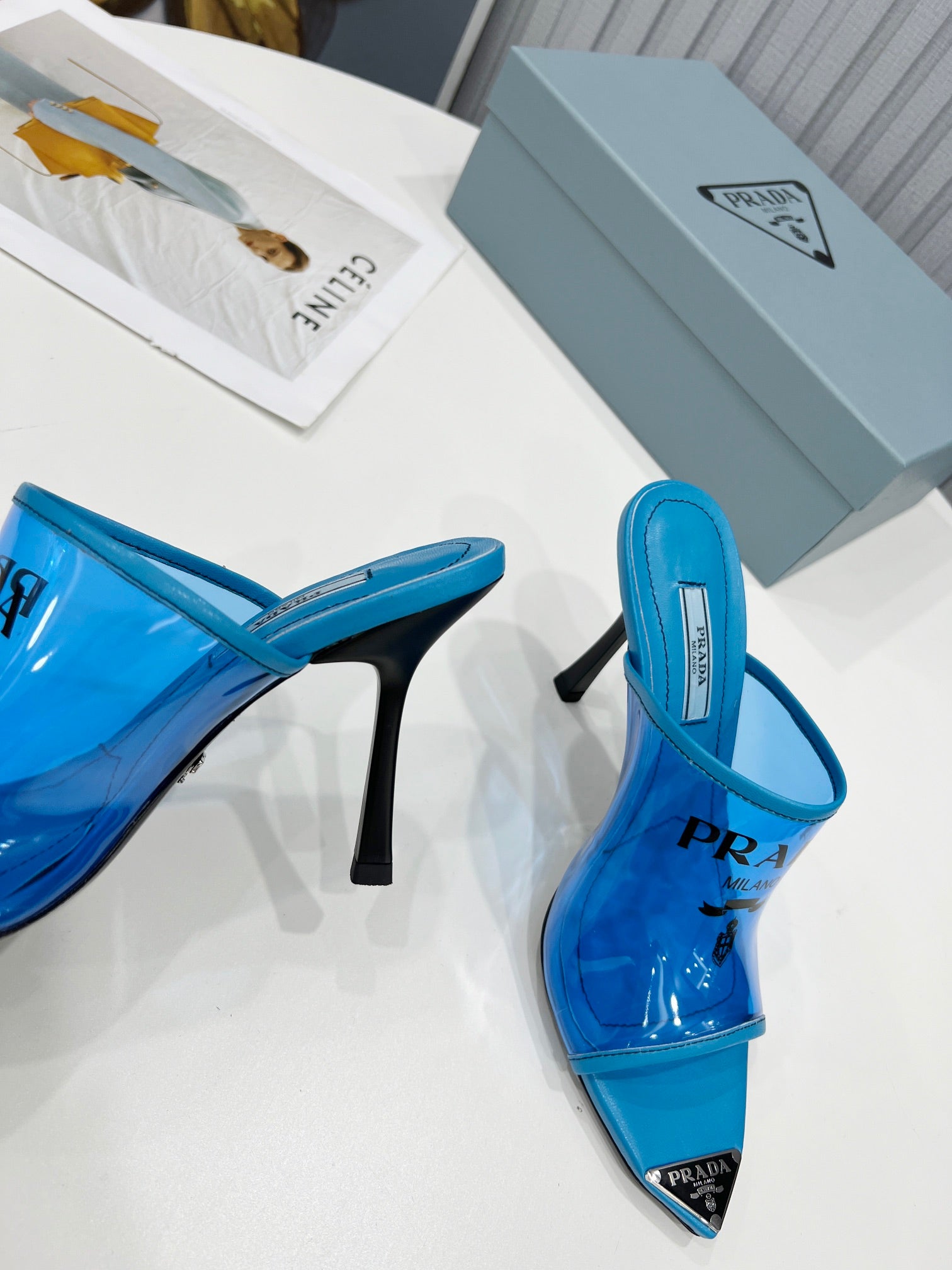 [TOP] PRADA Logo-print Plexiglas High-heel Slides - Blue