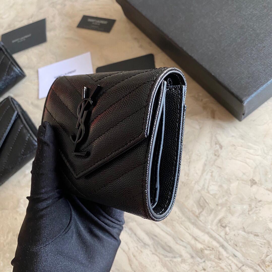 [TOP] Yves Saint Laurent YSL Trifold Wallet Caviar Leather - Black on Black