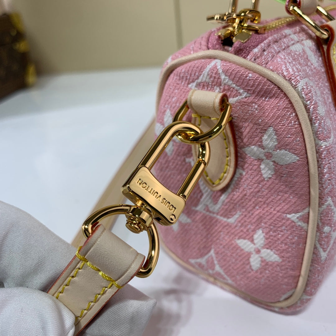 [TOP] Louis Vuitton LV  Denim Monogram Speedy 20 Bag 20x13.5x12cm  - Pink