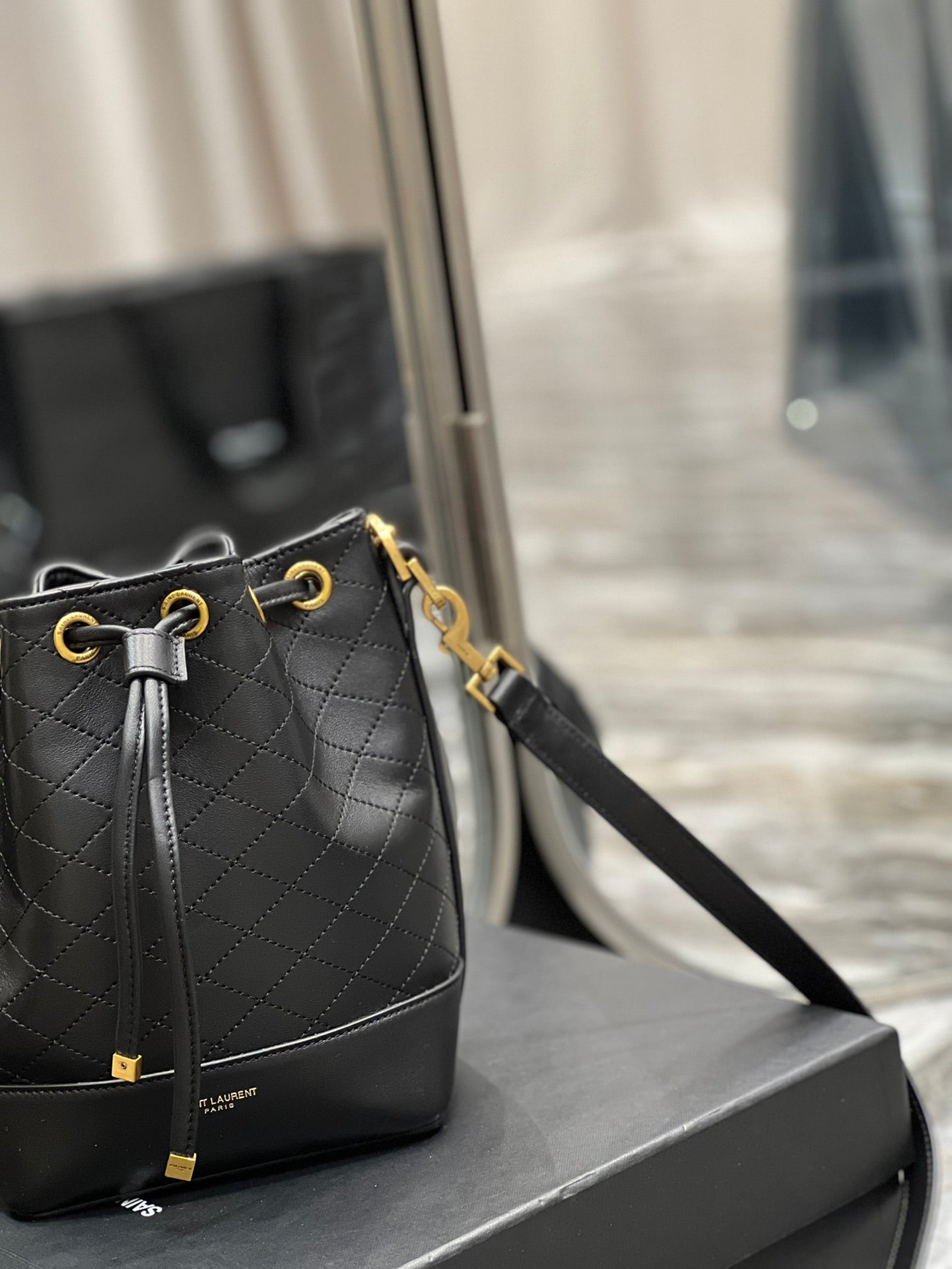 [TOP] Yves Saint Laurent YSL Emmanuelle Small Quilted Lambskin Bucket Bag - Black
