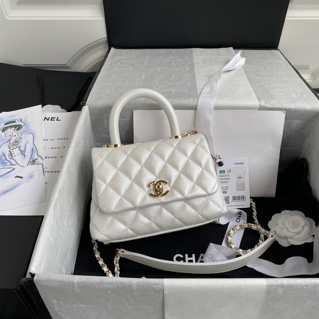 [TOP] CHANEL CoCo Handle Bag Carviar Small 19cm - Pearl White & GHW