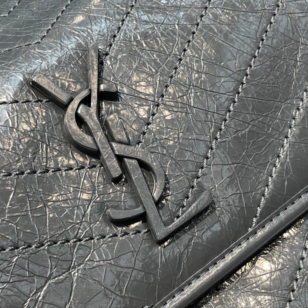 [TOP] Yves Saint Laurent YSL Medium Niki Wrinkles Leather Bag - Stormy Grey