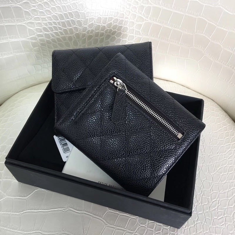 [TOP] CHANEL Trifold Wallet Caviar Skin - Black & SHW