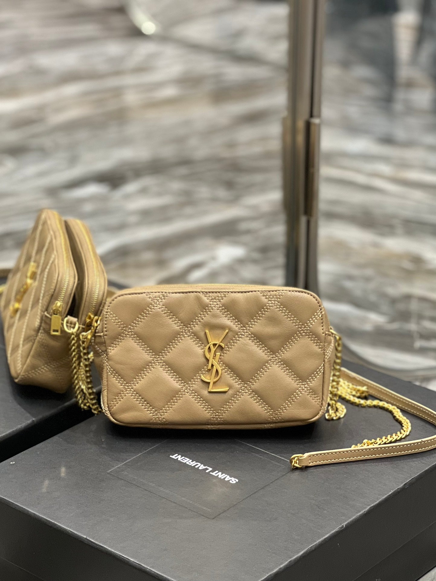 [TOP] Yves Saint Laurent YSL Beckly Double Zip Pouch Bag - Beige GHW