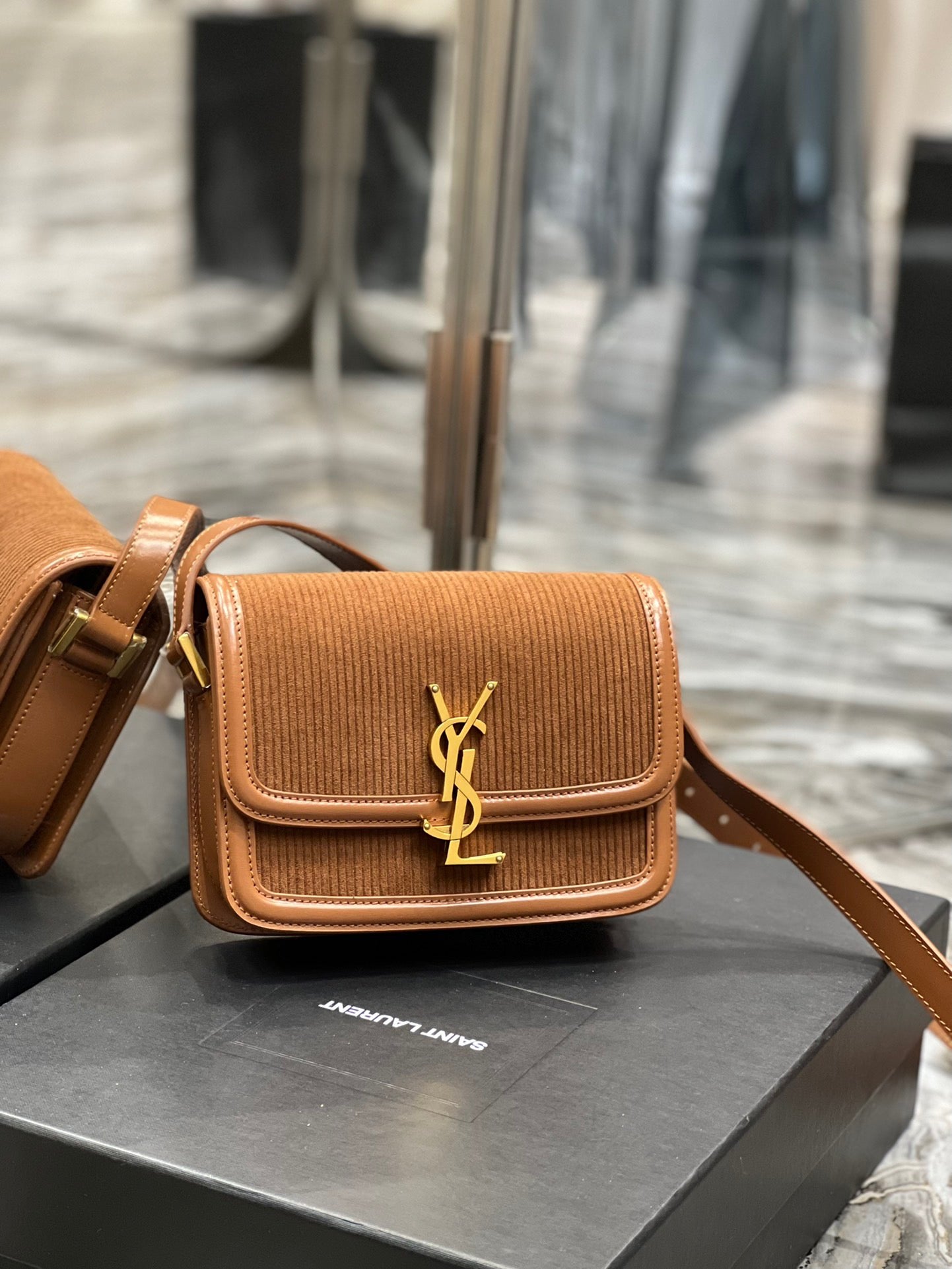 [TOP] Yves Saint Laurent YSL Solferino Corduroy Small Bag - Brown