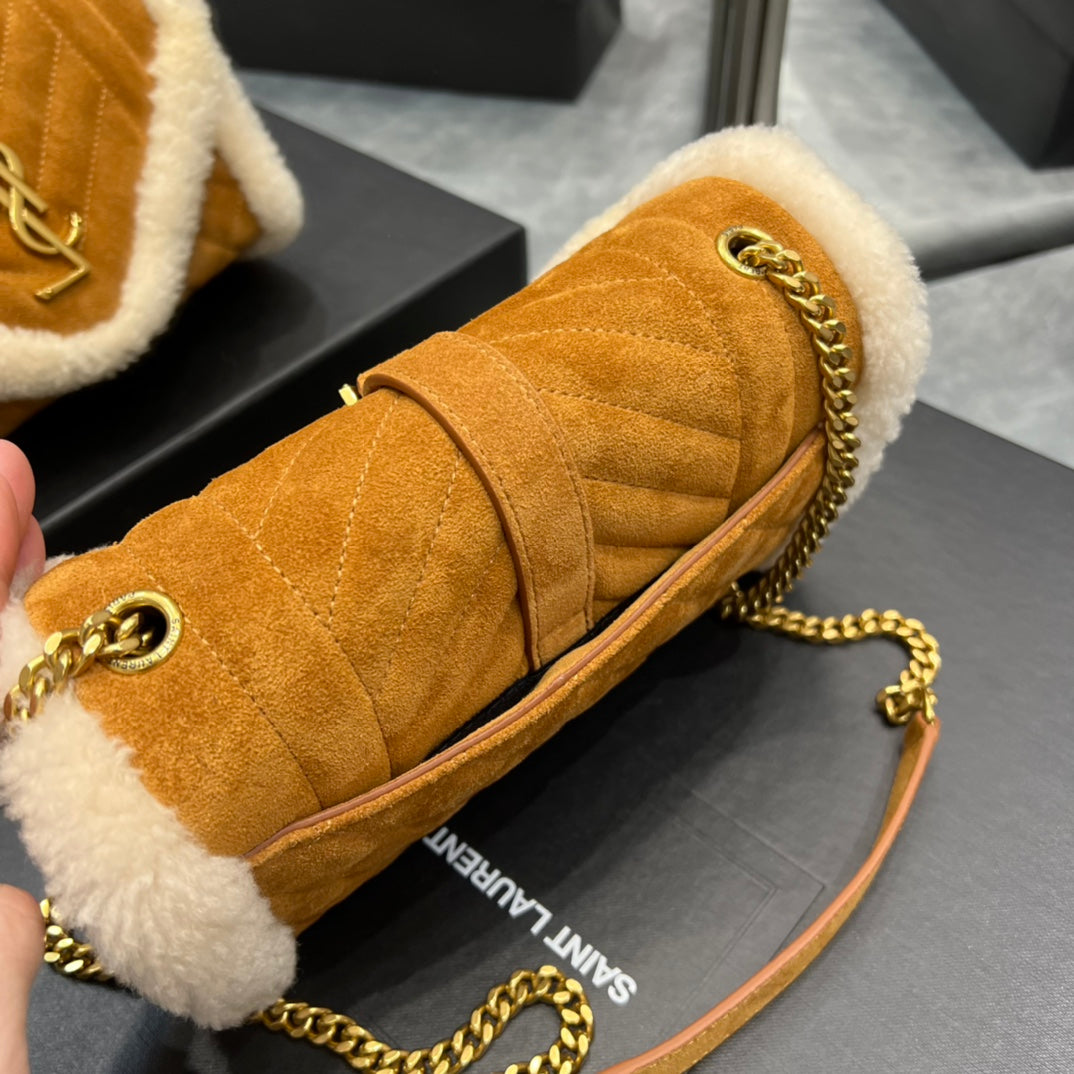 [TOP] Yves Saint Laurent YSL Envelope Small Suede Shearling Bag - Brown