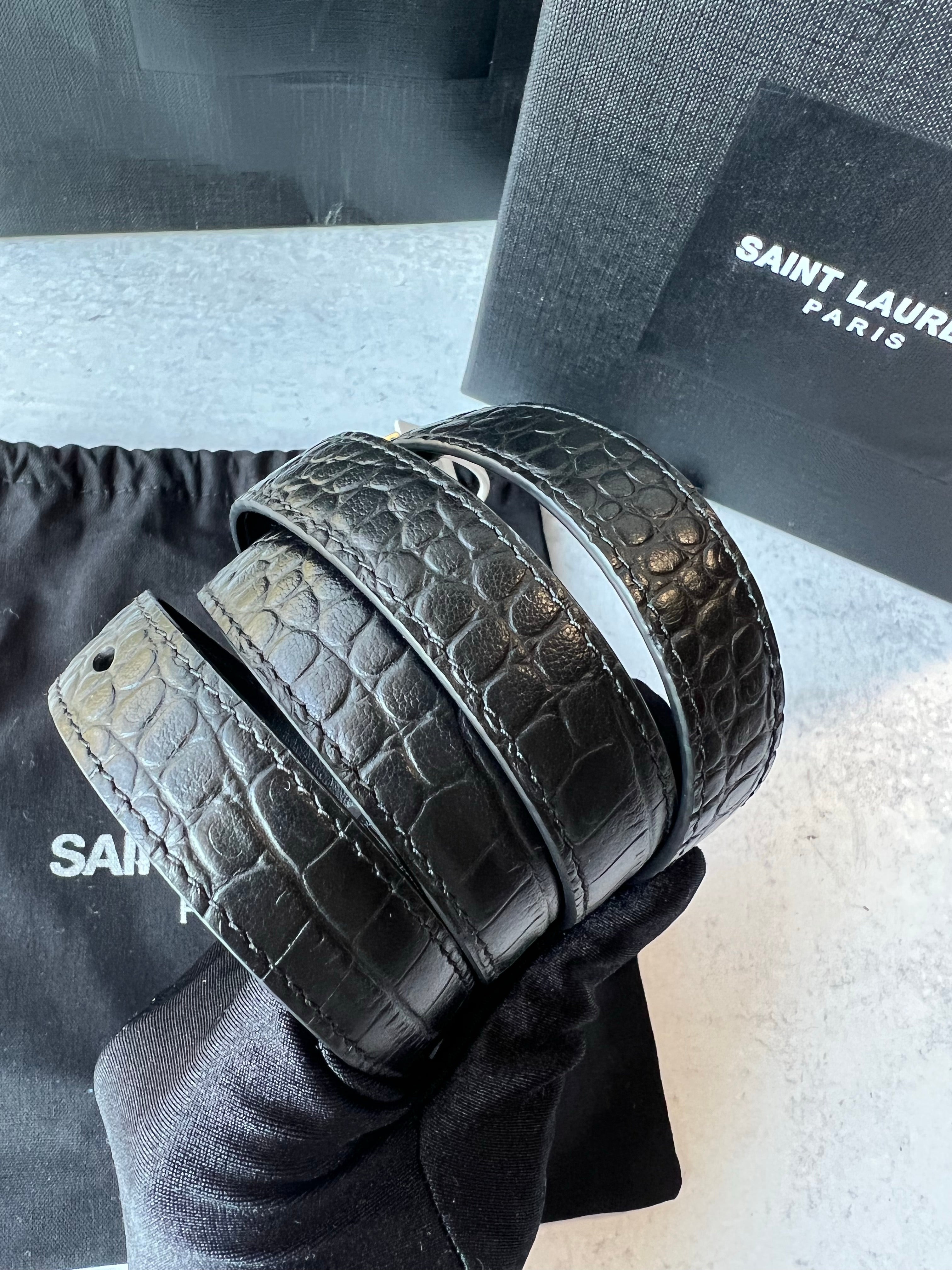 [TOP] Yves Saint Laurent YSL Monogram Logo Croc Thin Belt - Black w GHW
