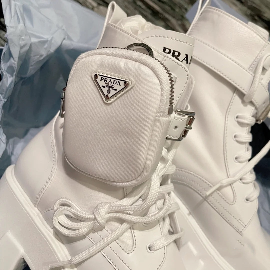 [TOP] PRADA Monolith Leather and Nylon Ankle Boots - White