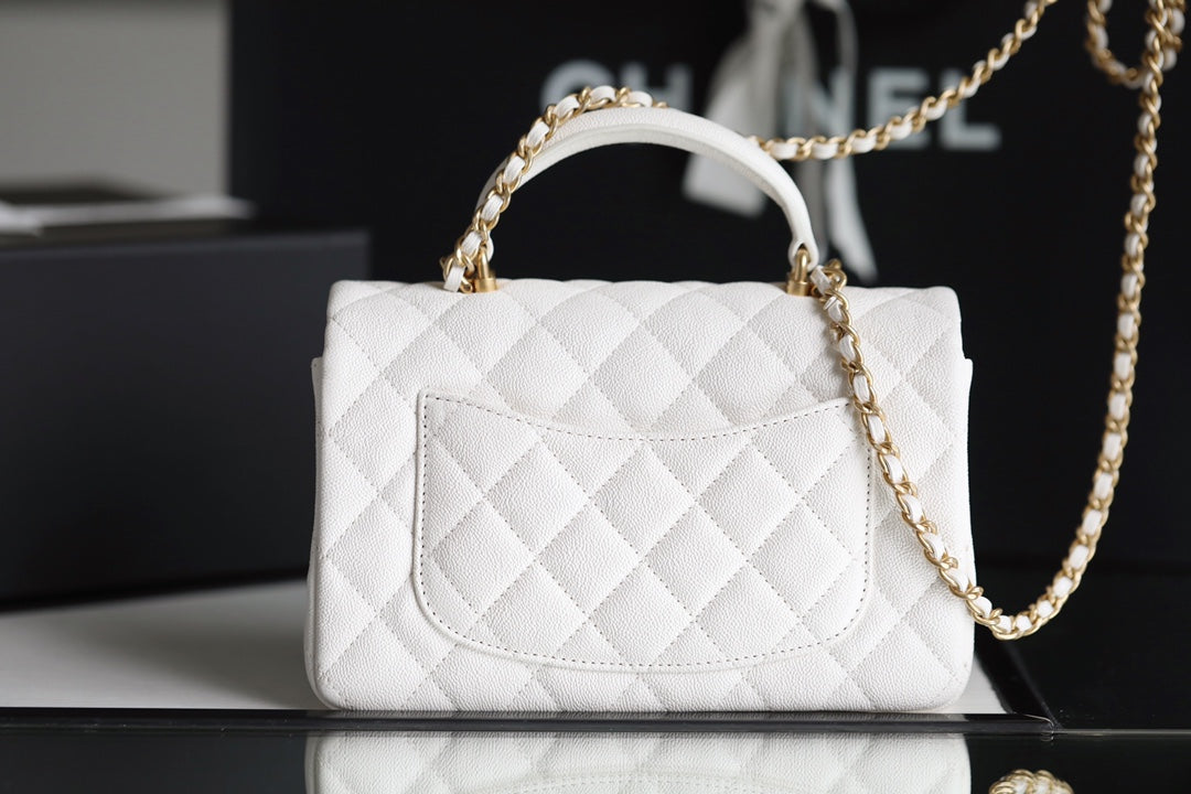 [TOP] CHANEL Classic Flap Bag Caviar Top Handle Mini 20CM - White & GHW