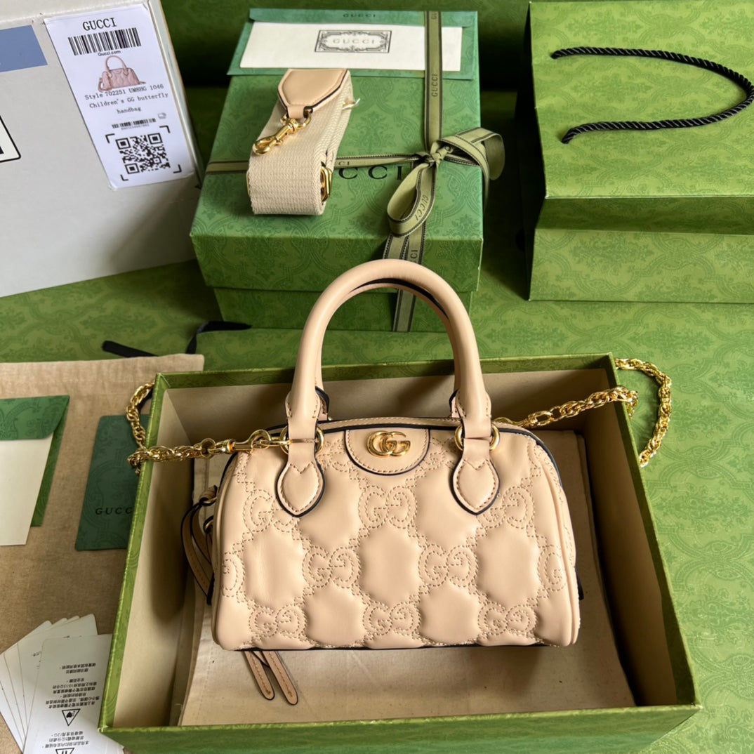 [TOP] GUCCI G*G Matelasse Leather Top Handle Small Bag - Beige