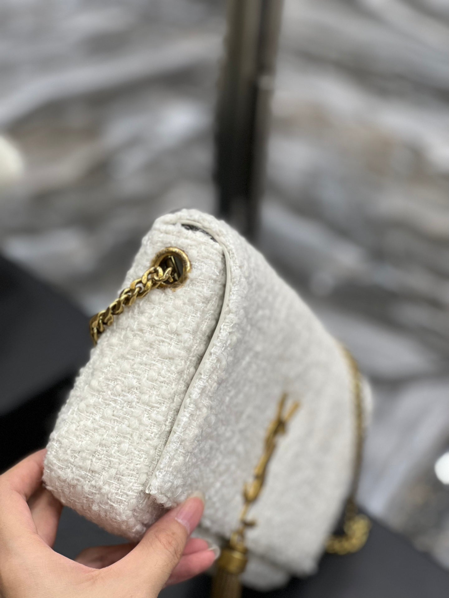 [TOP] Yves Saint Laurent YSL Kate Boucle Tassel Medium Bag - Off White