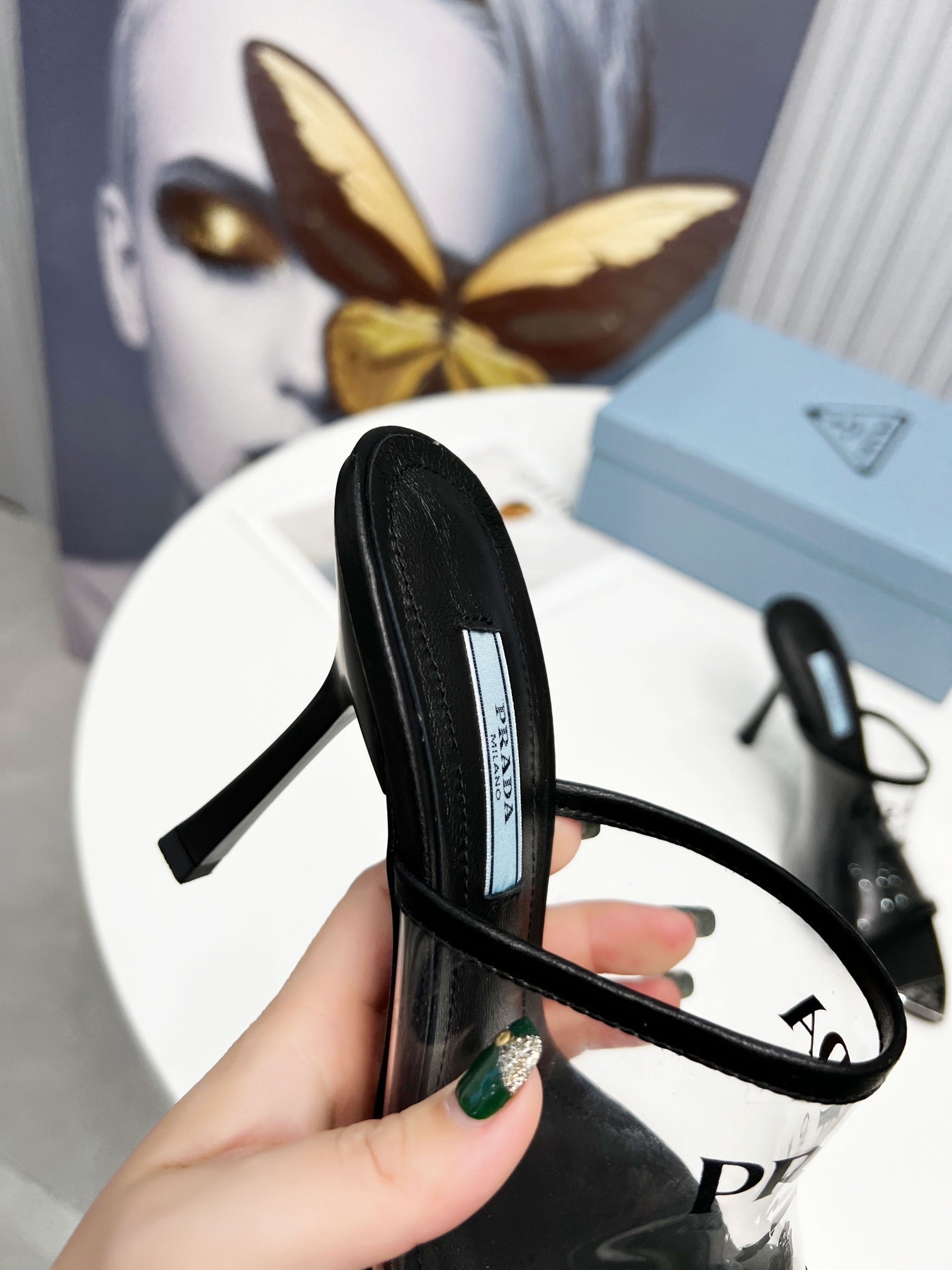 [TOP] PRADA Logo-print Plexiglas High-heel Slides - Black