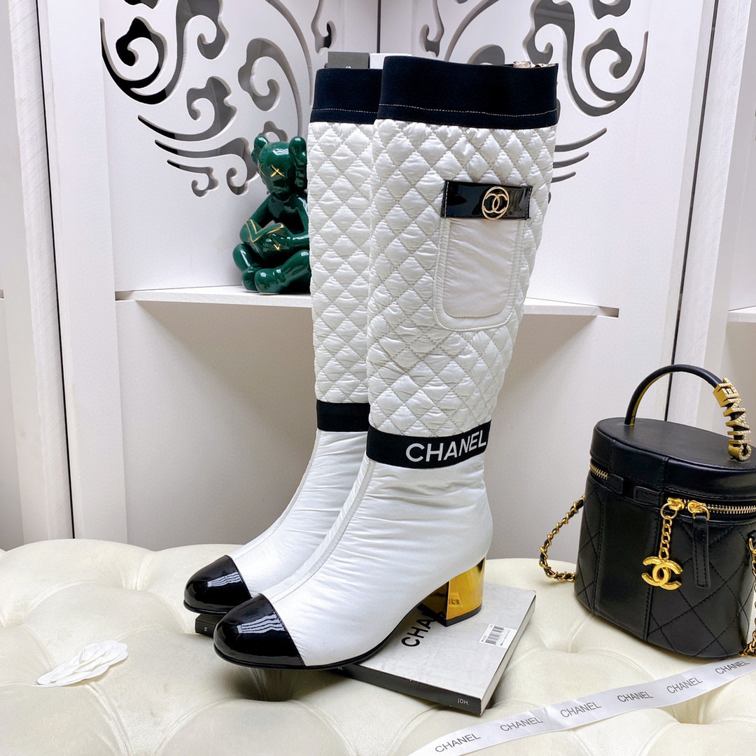 [TOP] CHANEL Lambskin Boots 5cm Heels - white/Black/Beige