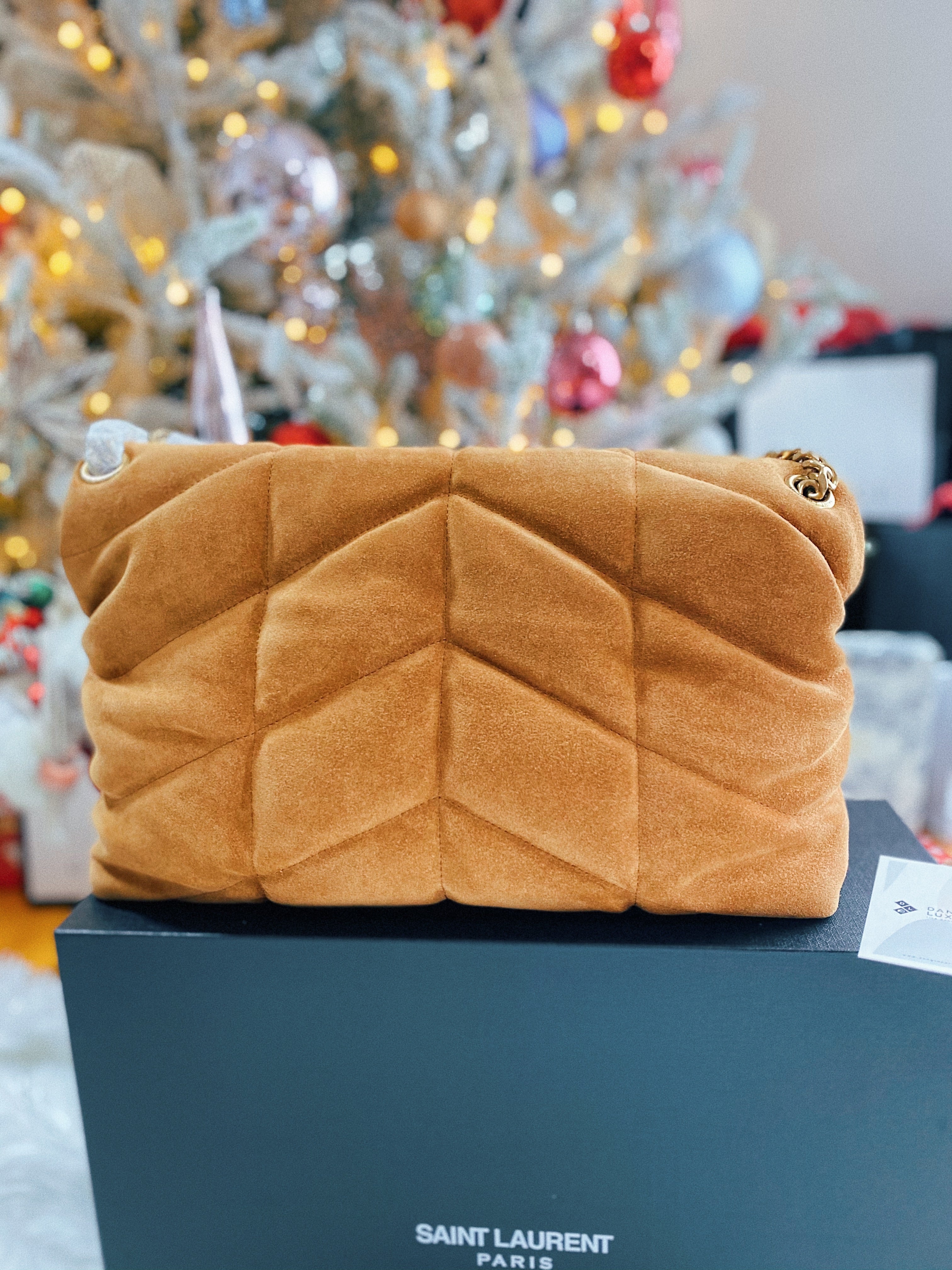 [TOP] Yves Saint Laurent YSL YSL LouLou Puffer Medium Suede Leather 35X23X13.5cm - BROWN