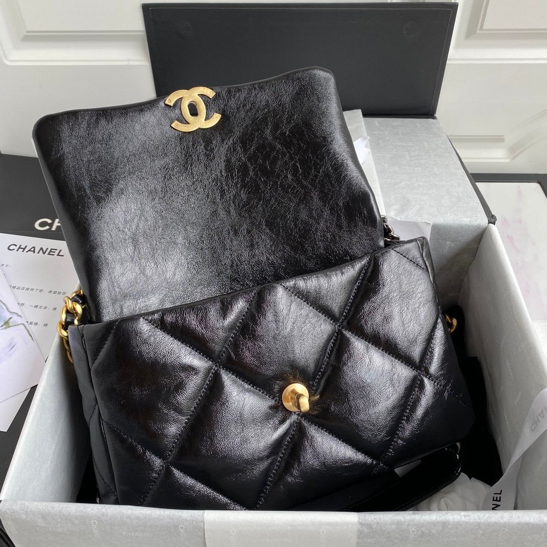 [TOP] CHANEL 19 Bag Shiny Goat Skin Medium 30CM - Black & GHW