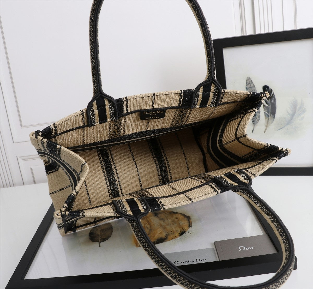 [TOP] Christian Dior Book Tote Bag Canvas Embroidered Bayadere Small 36cm - Black Beige